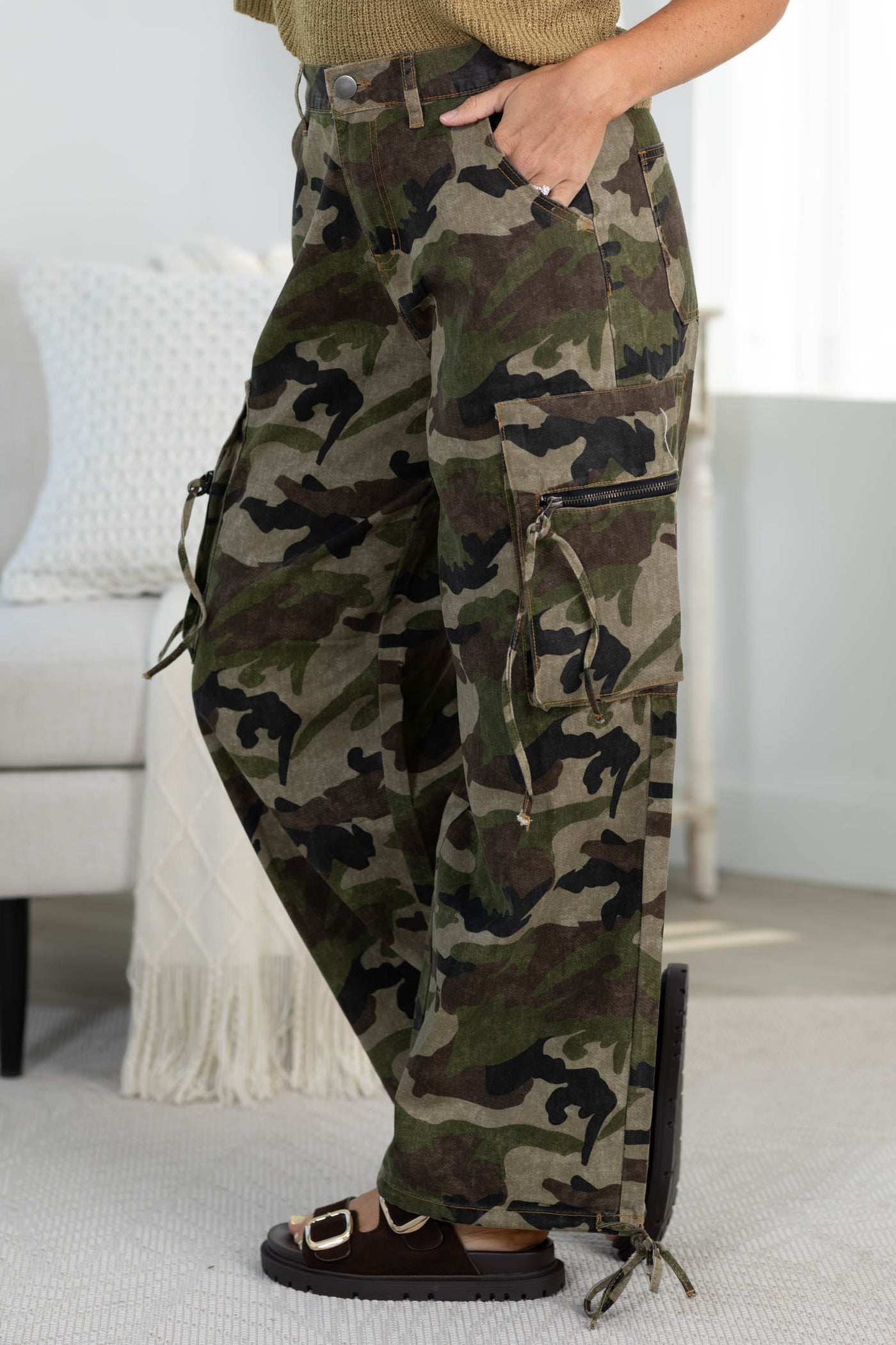 Olive Camouflage Print Cargo Pants