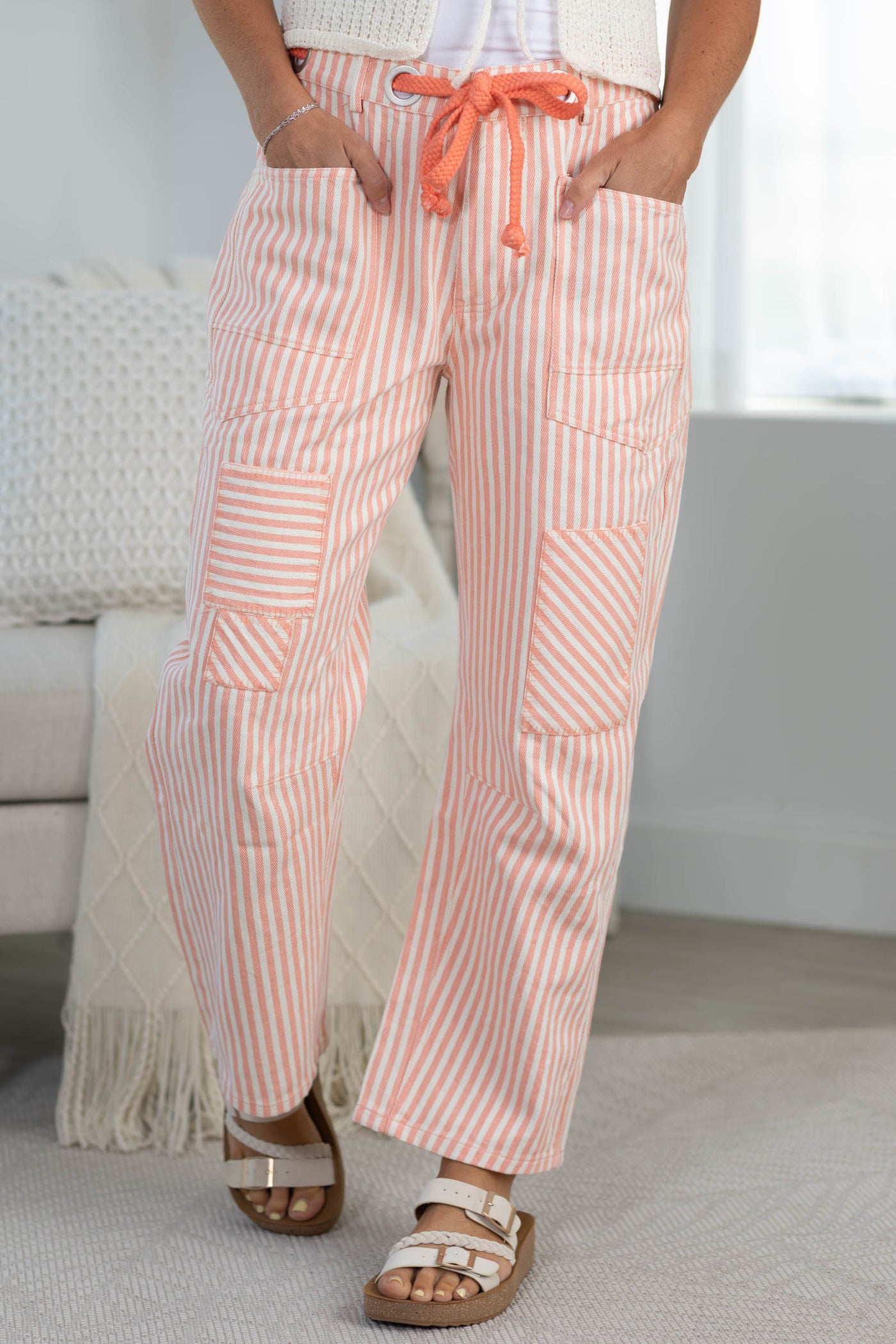 Relaxed Vintage Stripe Rope String Pants- 100% Cotton