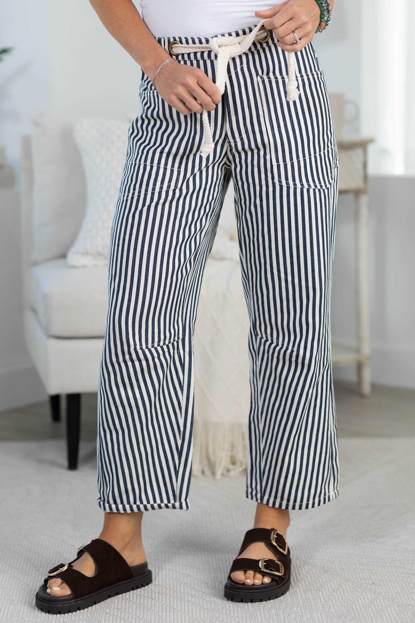 Relaxed Vintage Stripe Rope String Pants- 100% Cotton