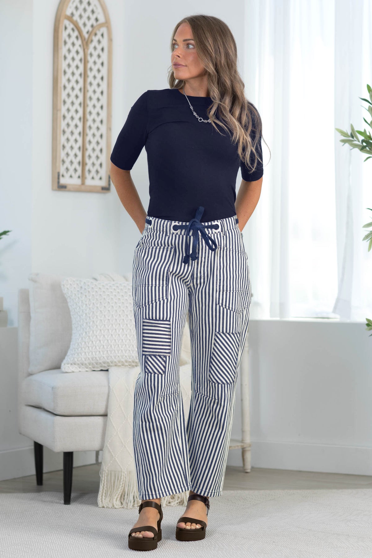 Relaxed Vintage Stripe Rope String Pants- 100% Cotton