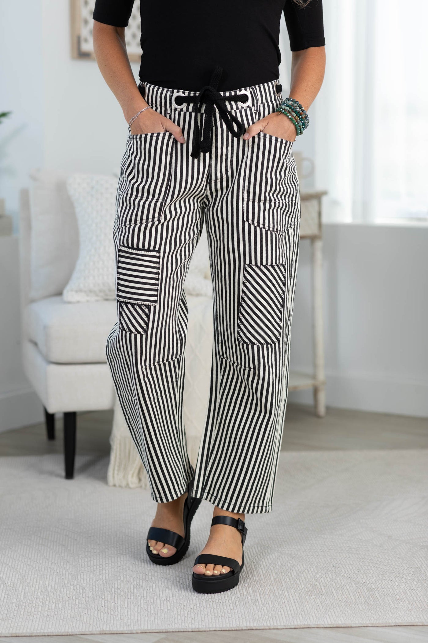 Relaxed Vintage Stripe Rope String Pants- 100% Cotton