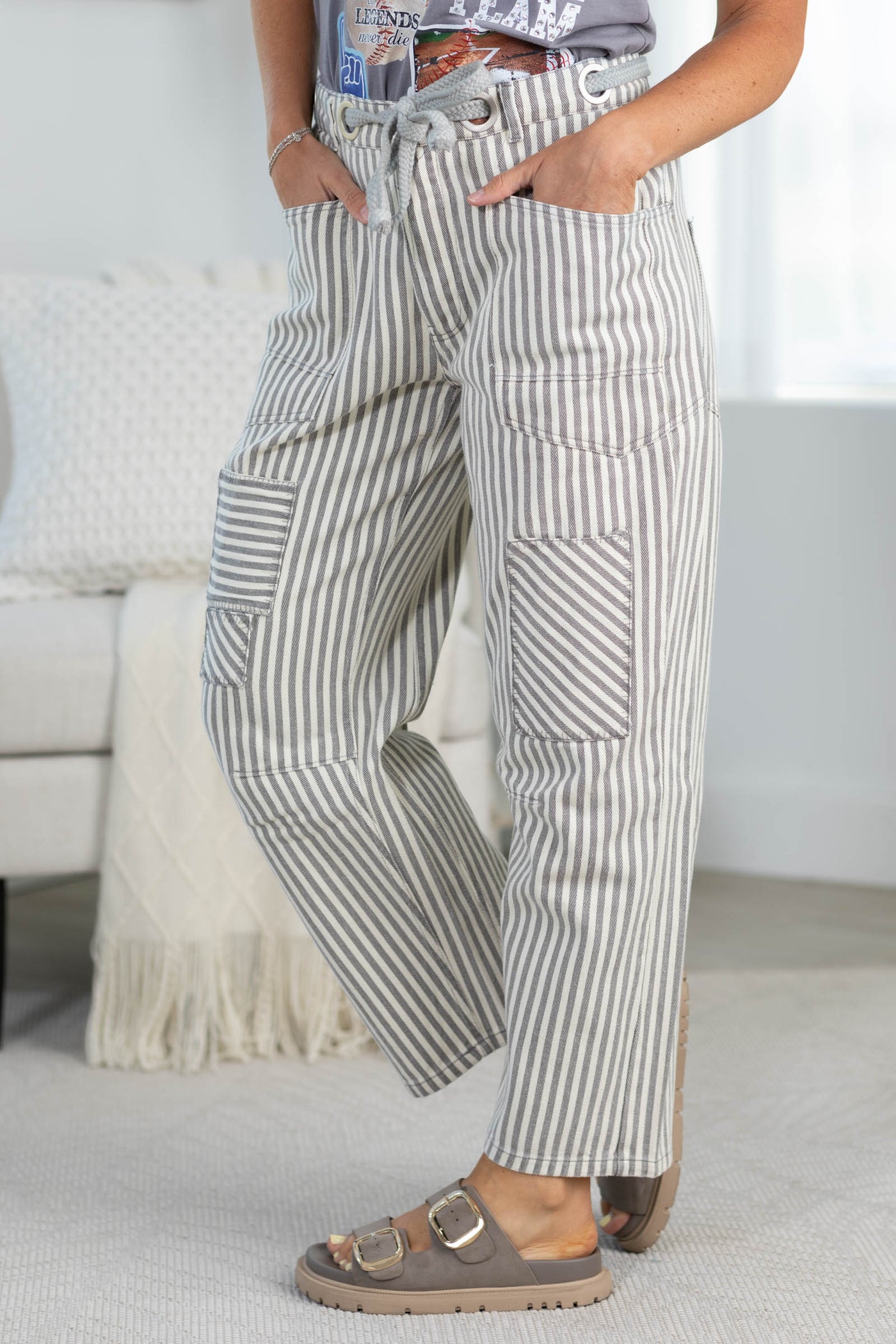 Relaxed Vintage Stripe Rope String Pants- 100% Cotton