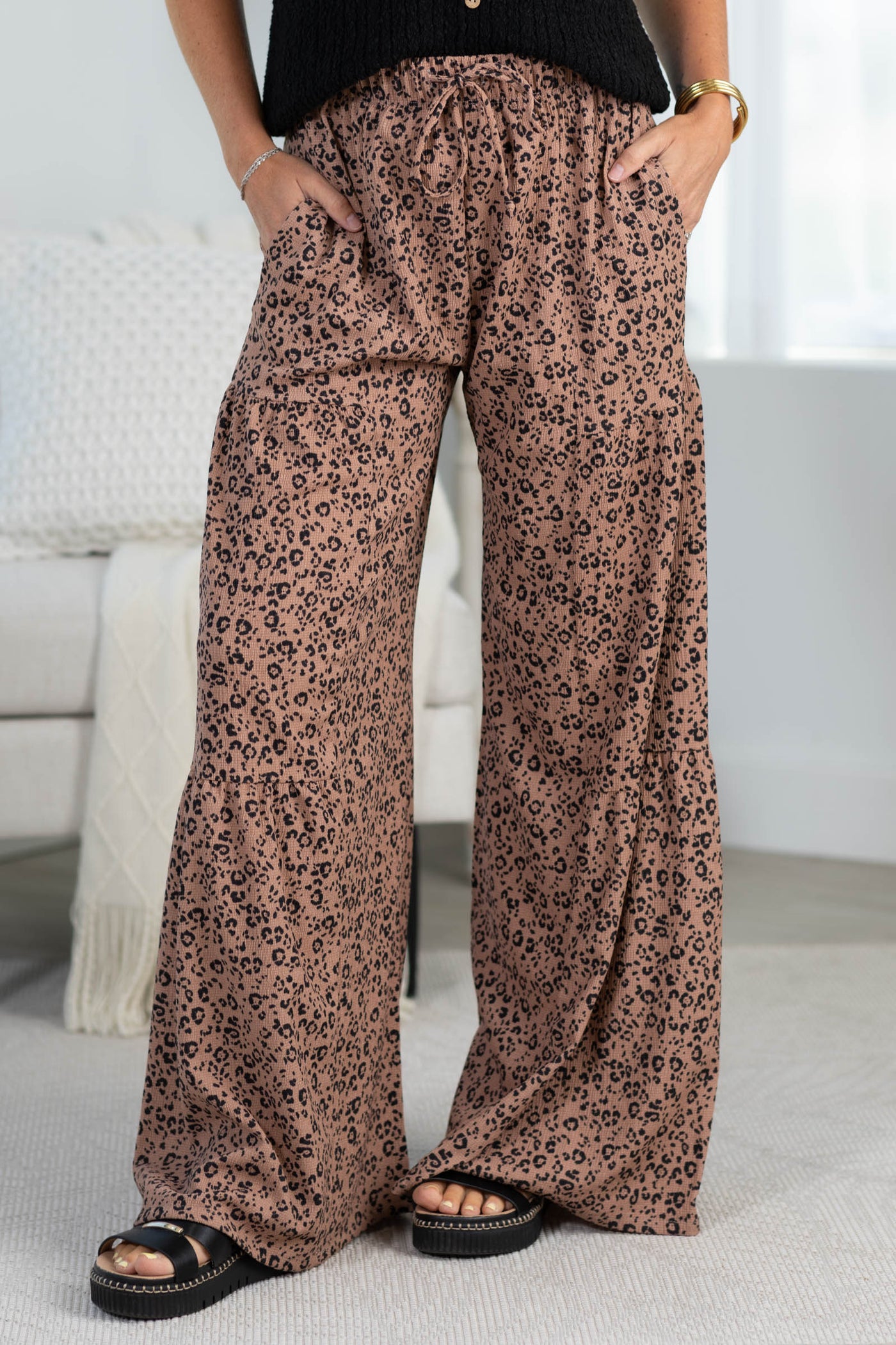 Mocha And Black Leopard Print Wide Leg Pant
