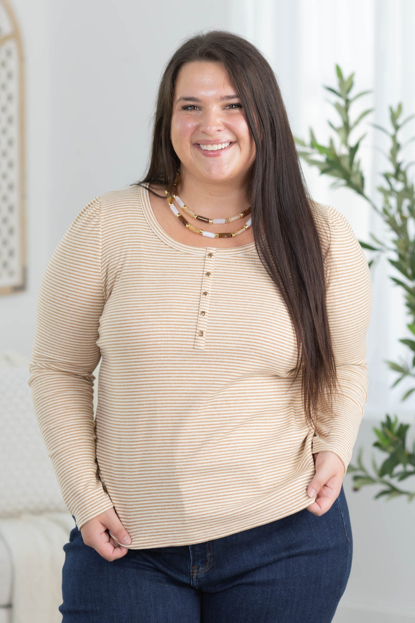 Staccato Scoop Neck Striped Henley Knit Top