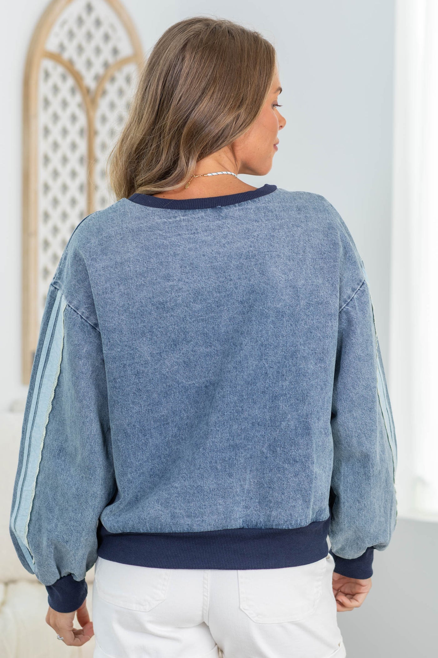 Blue Washed Denim Lace Contrast Sweatshirt