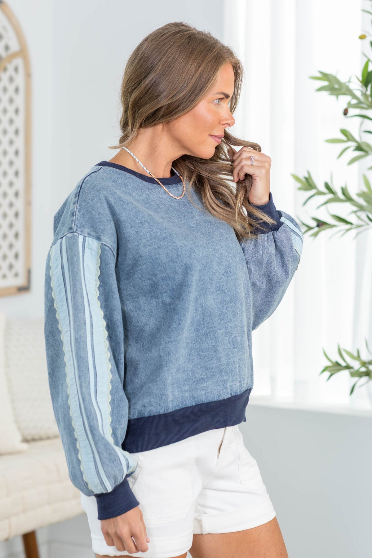 Blue Washed Denim Lace Contrast Sweatshirt
