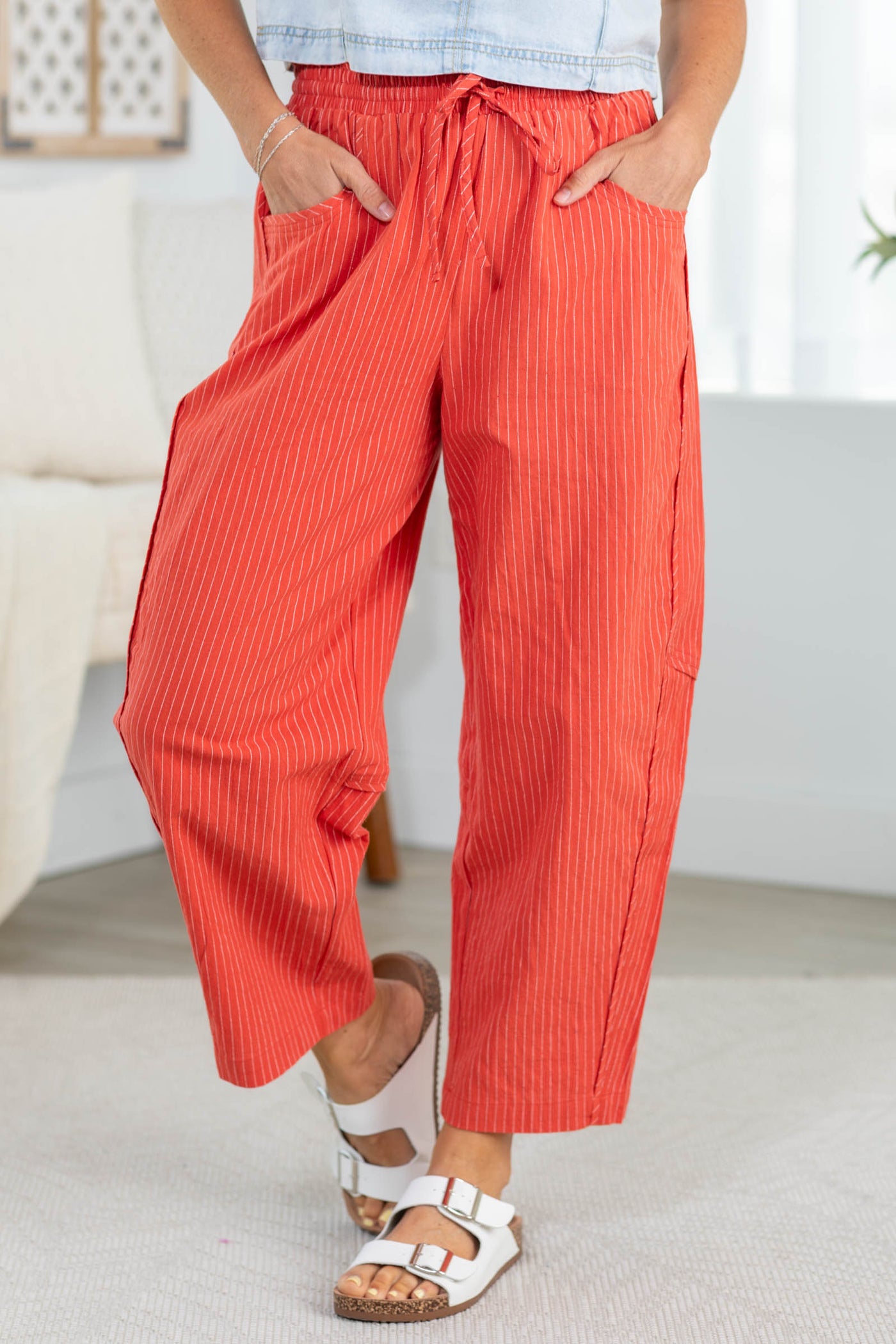 Melange Textured Stripe Barrel Pants