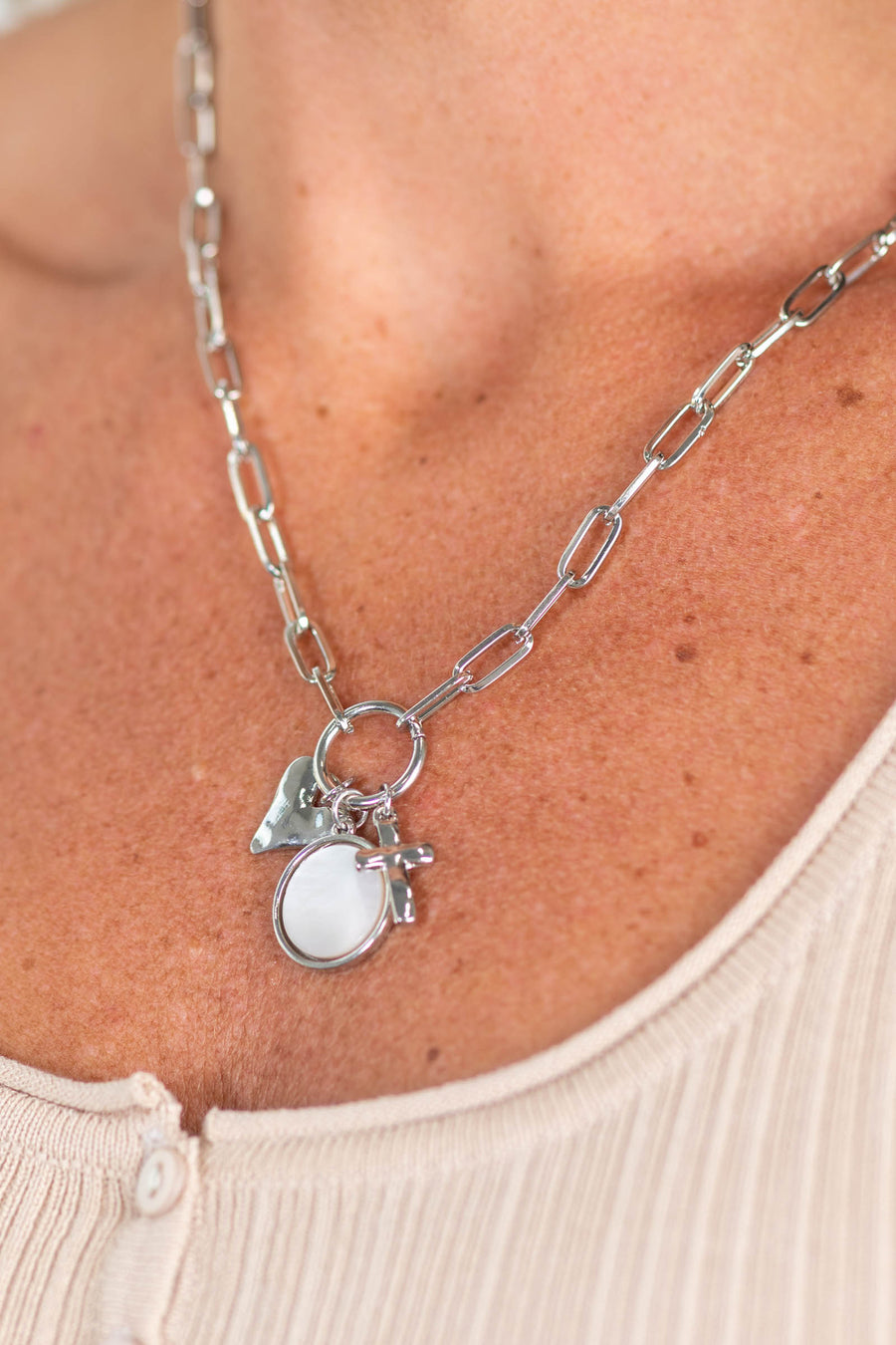 Silver Paperclip Chain Link Necklace With Pendants