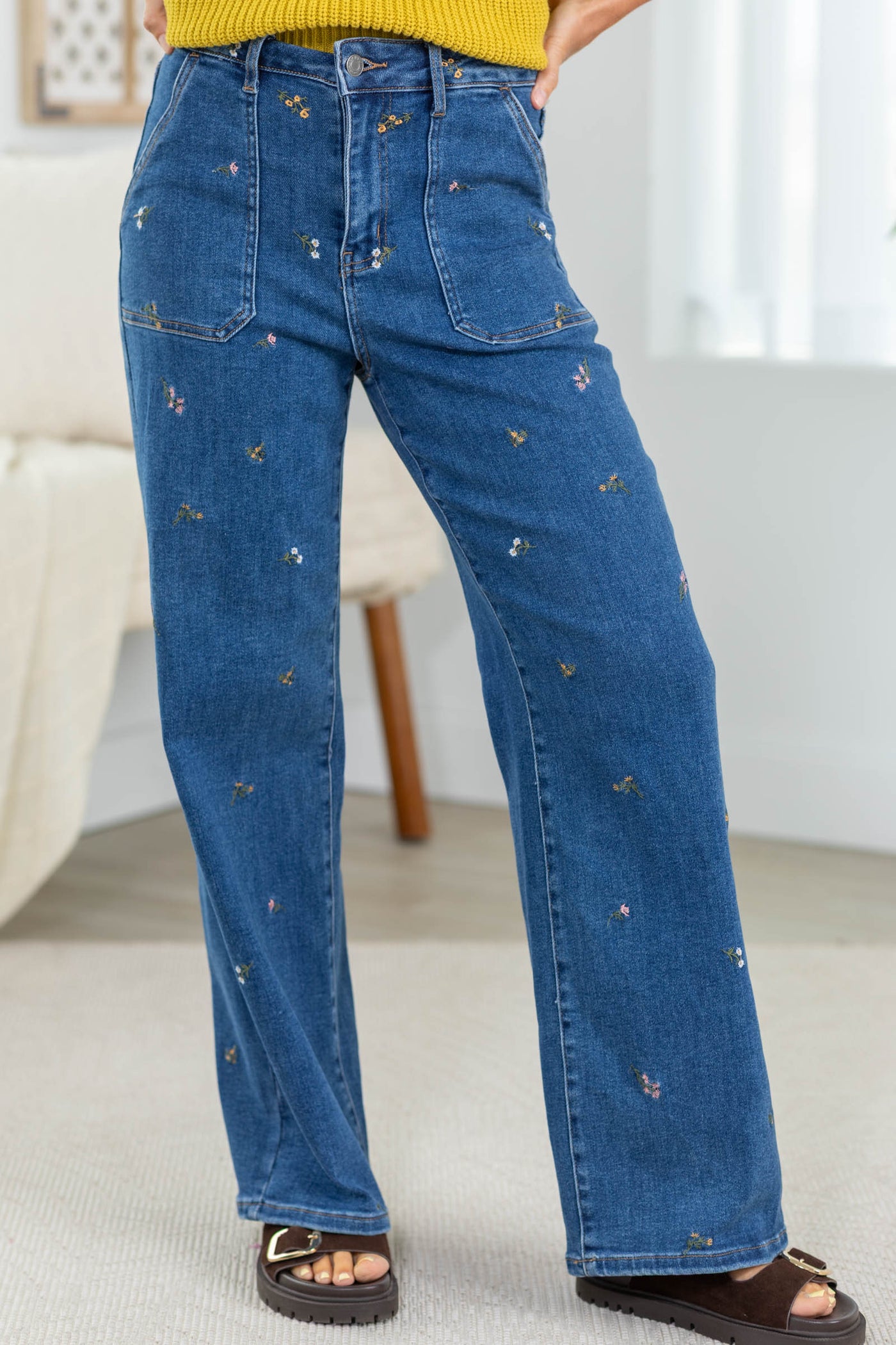 Cello High Rise Embroidered Wide Jeans
