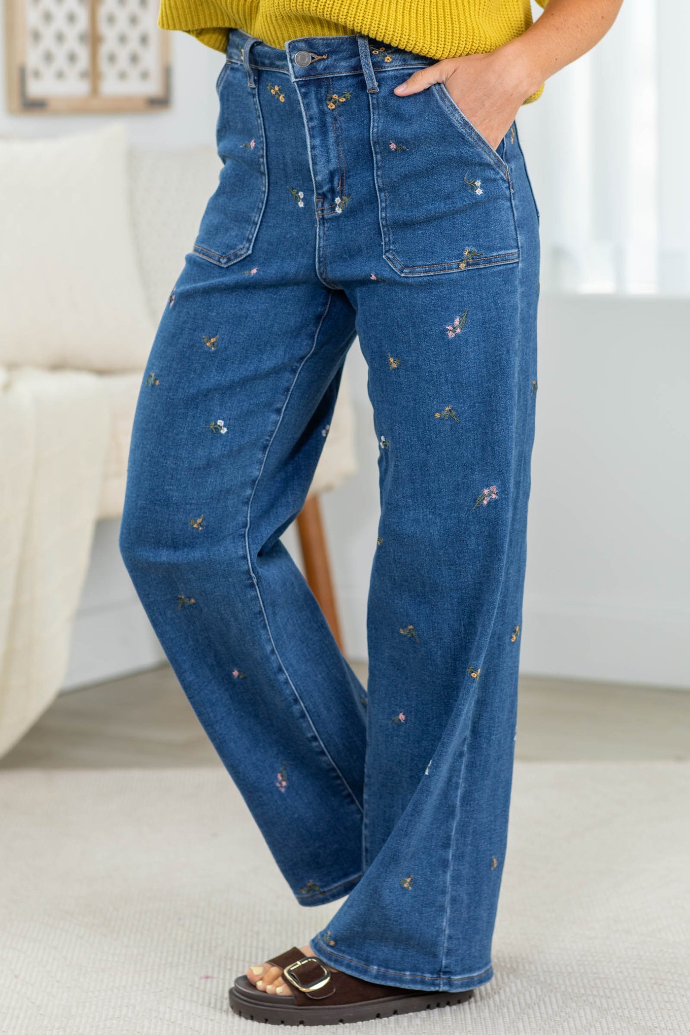 Cello High Rise Embroidered Wide Jeans