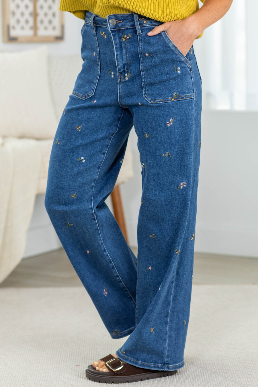 Cello High Rise Embroidered Wide Jeans