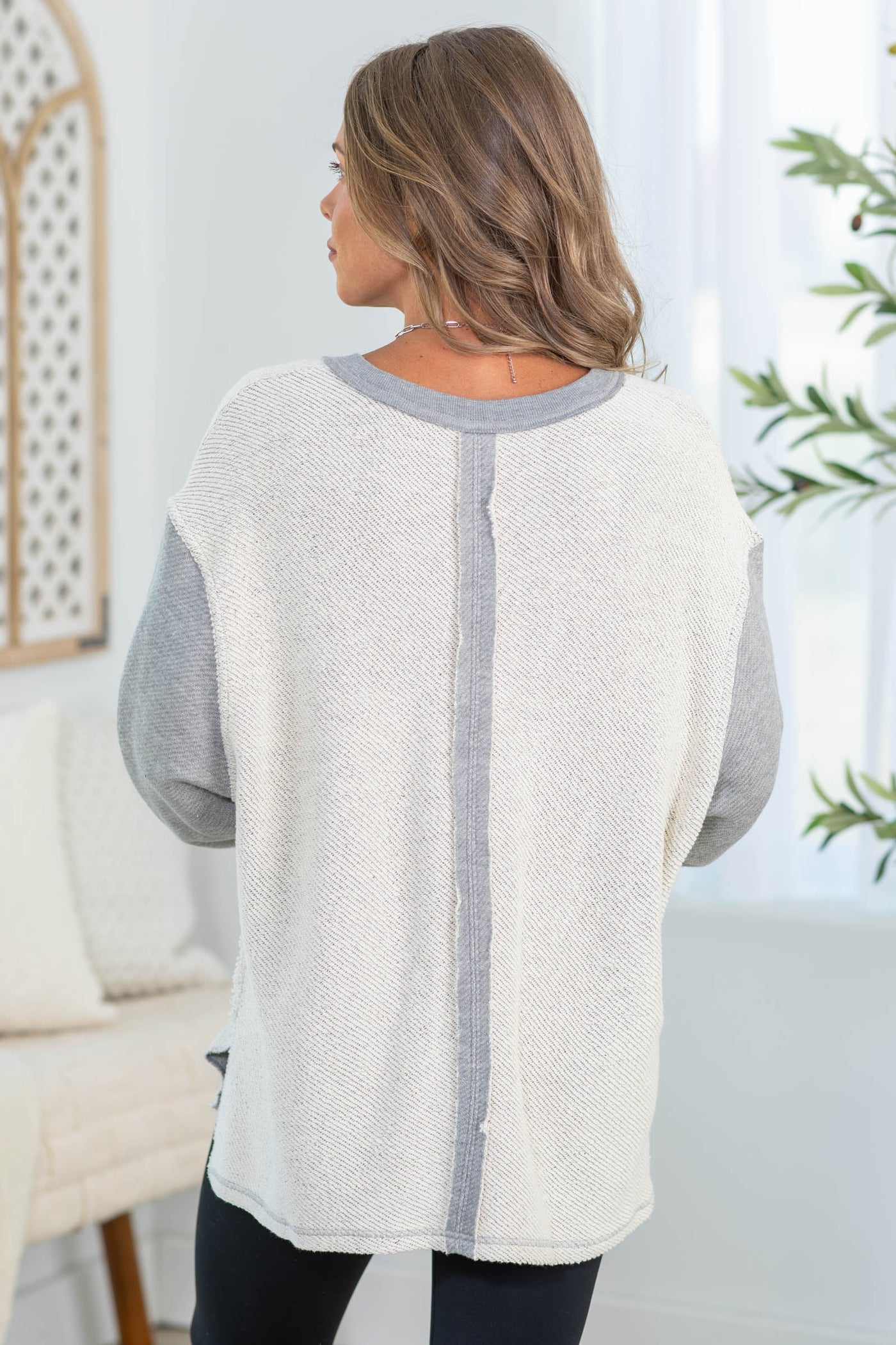 Heather Grey And Ivory V-Neck Knit Pullover