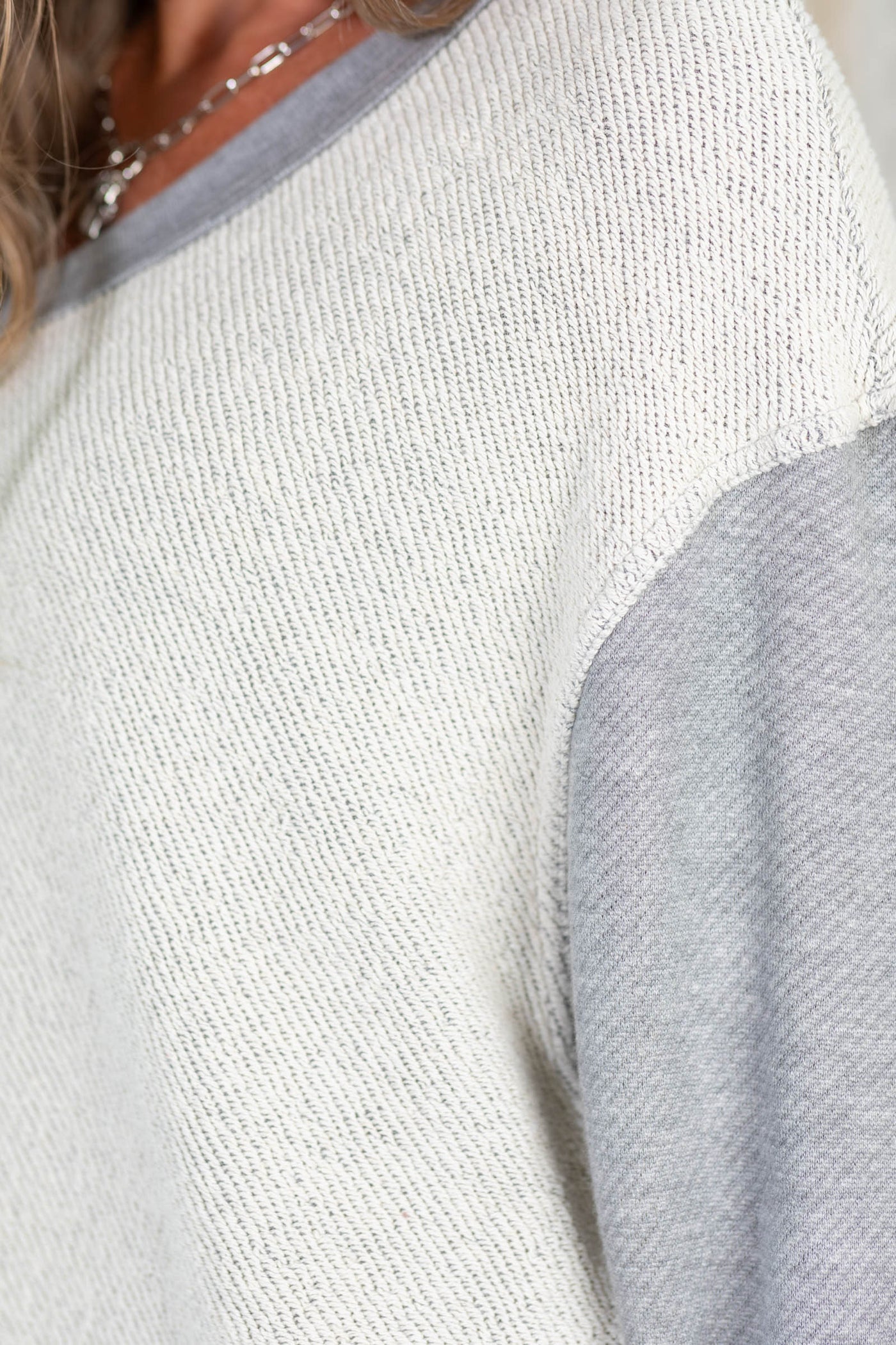 Heather Grey And Ivory V-Neck Knit Pullover