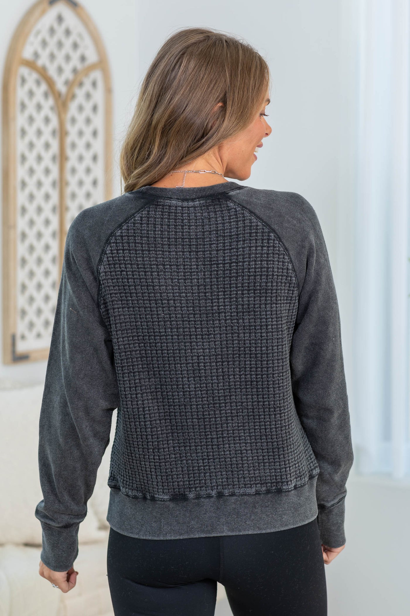 Vintage Black Cozy Waffle Knit Pullover