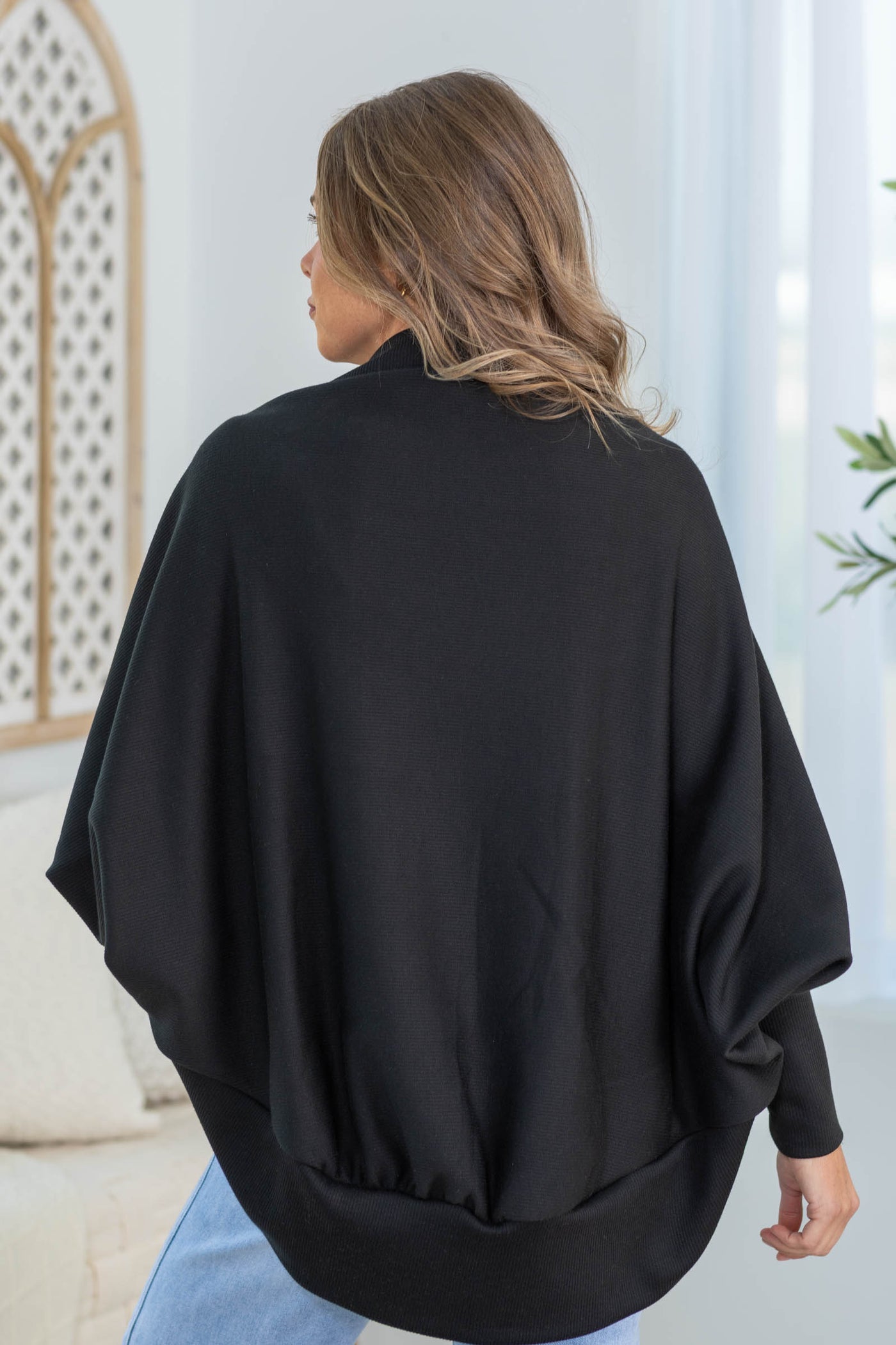 Black Dolman Sleeved Open Front Shawl