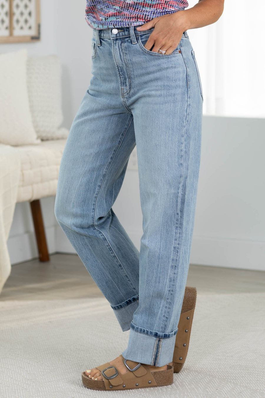 Cello Light High Rise Dad Jean With Convertible Cuff