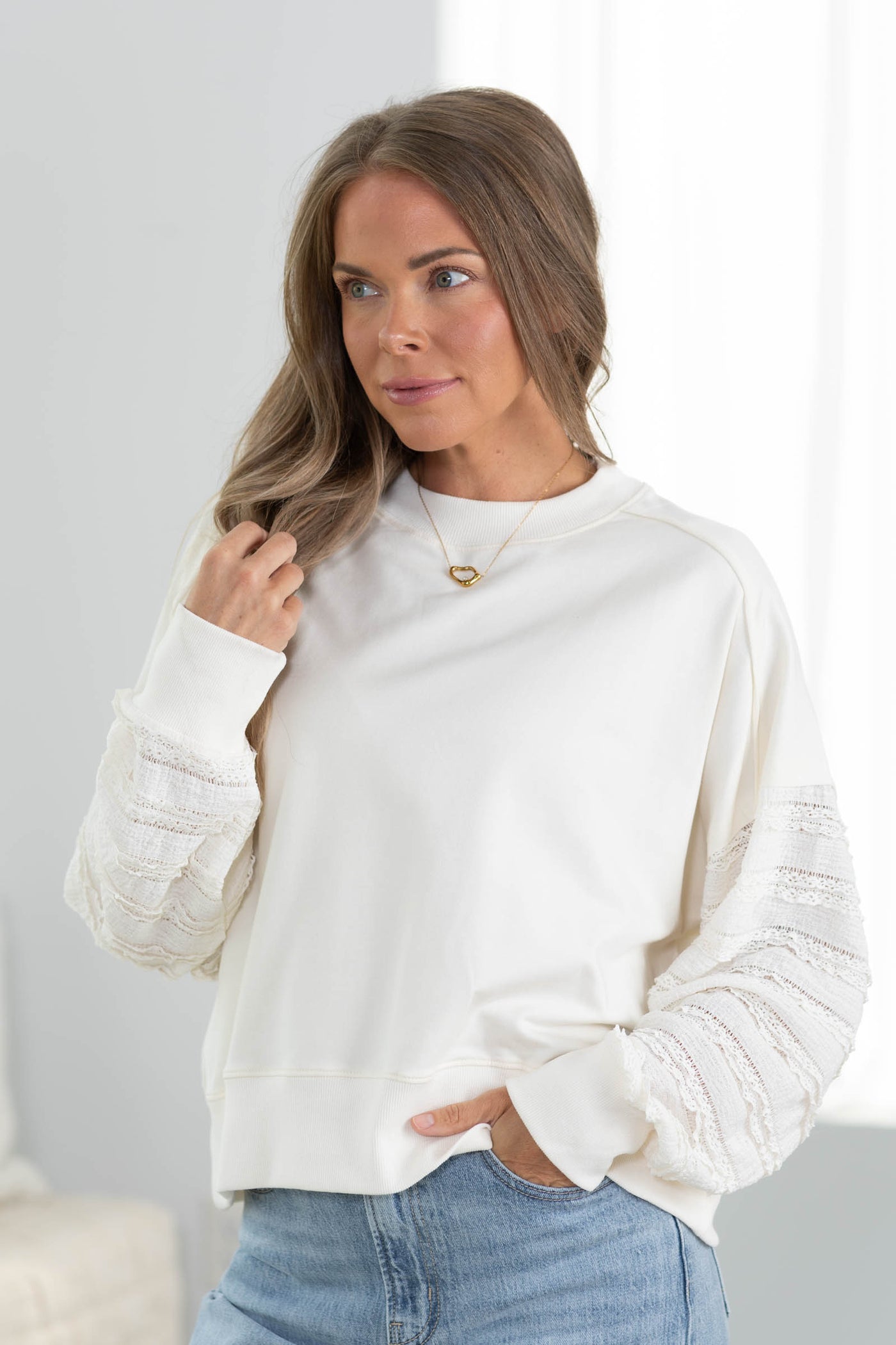 Knit Sweatshirt With Textured Long Sleeves