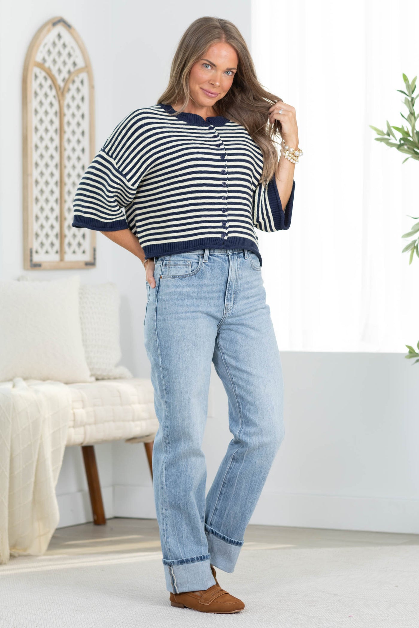 Navy And Ivory Stripe Curly Edge Button Cardigan