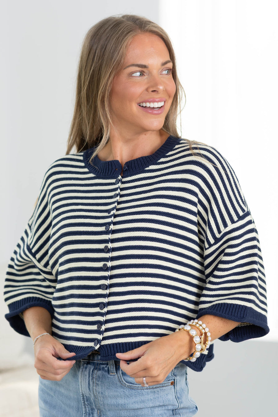 Navy And Ivory Stripe Curly Edge Button Cardigan