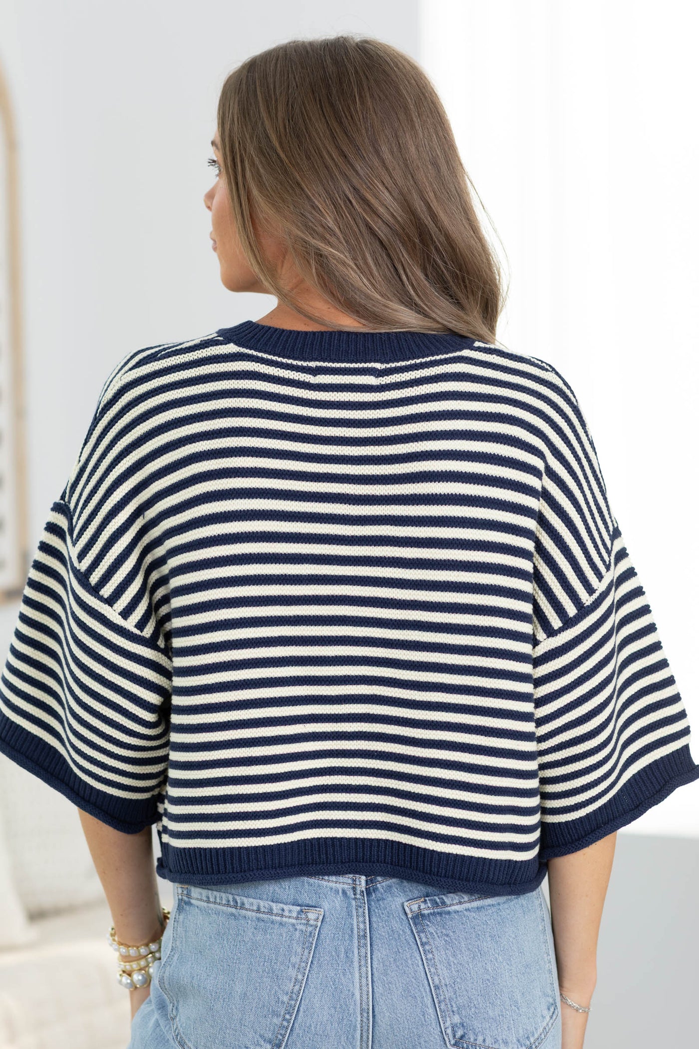 Navy And Ivory Stripe Curly Edge Button Cardigan