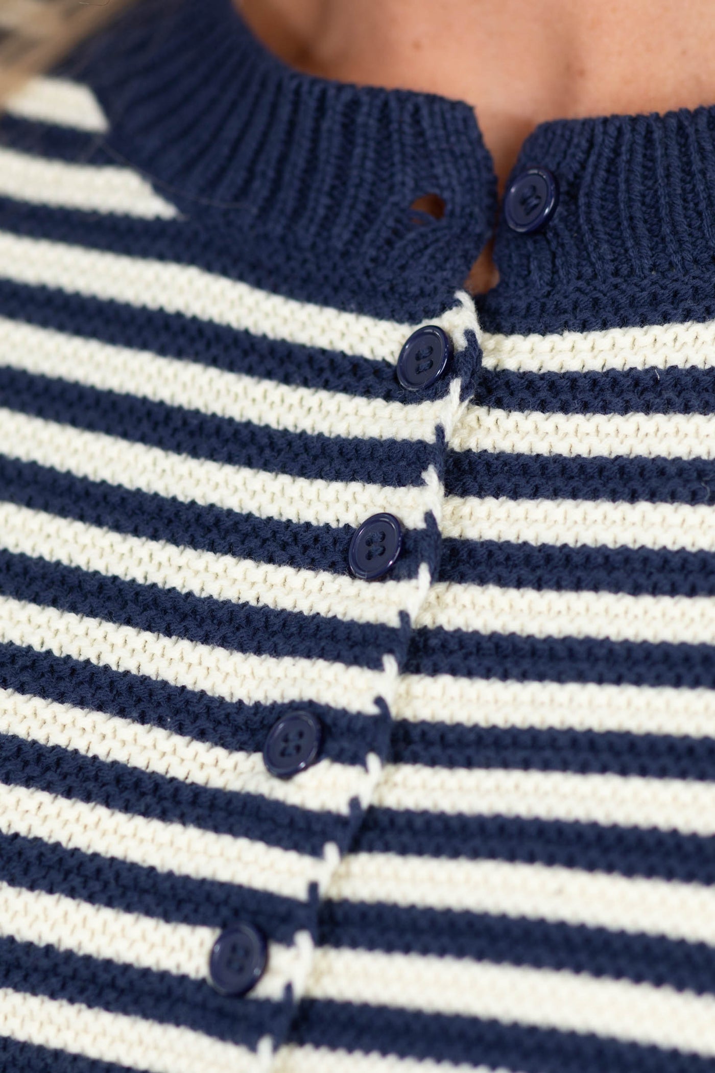 Navy And Ivory Stripe Curly Edge Button Cardigan
