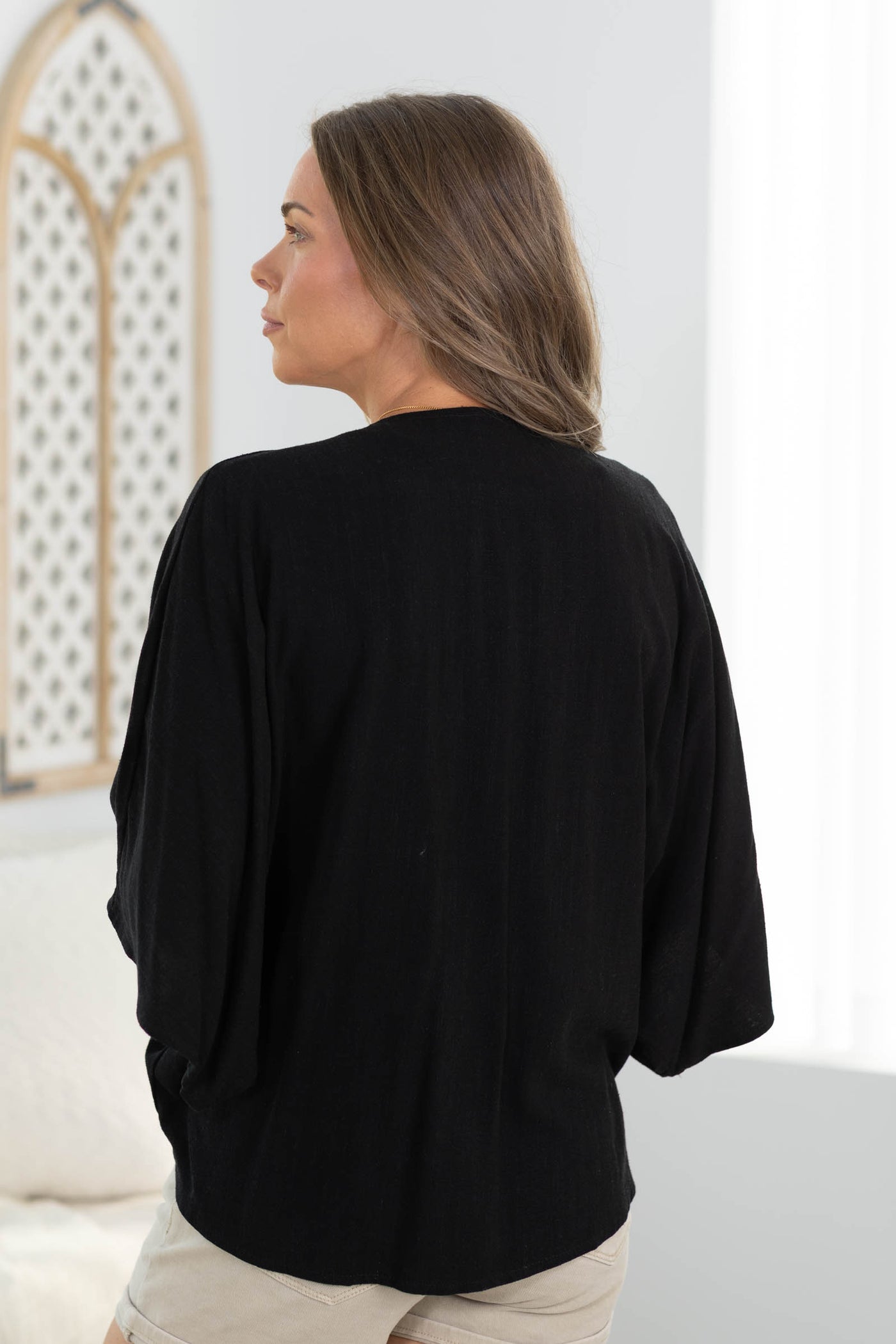 Black Linen Kimono Tie Top