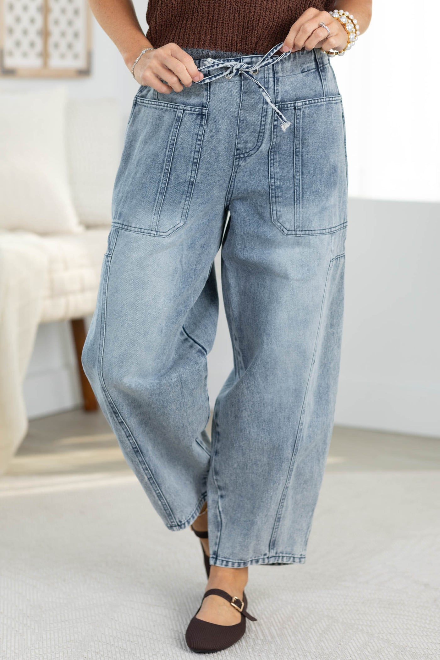 Denim Blue Washed String Barrel Pants