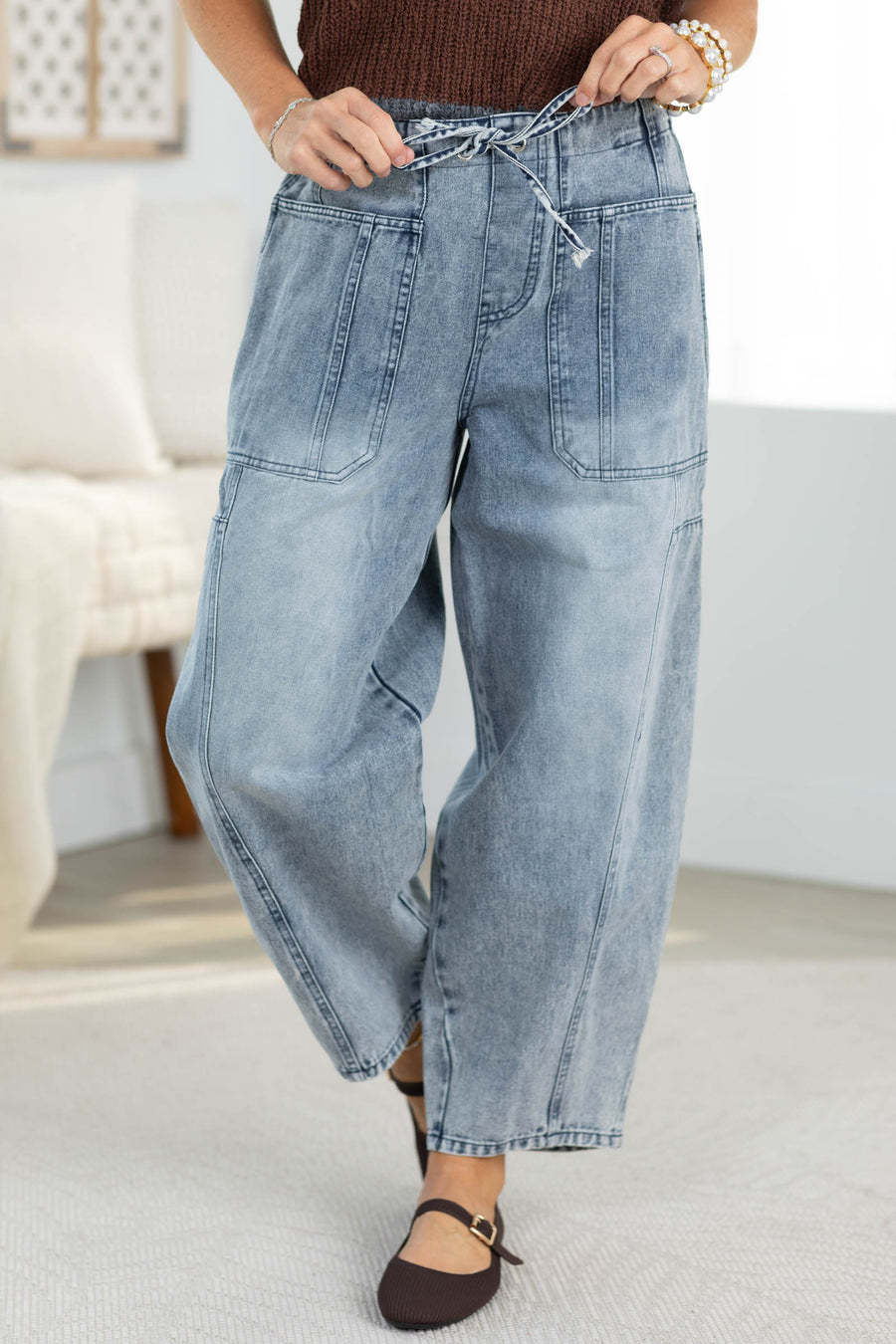 Denim Blue Washed String Barrel Pants