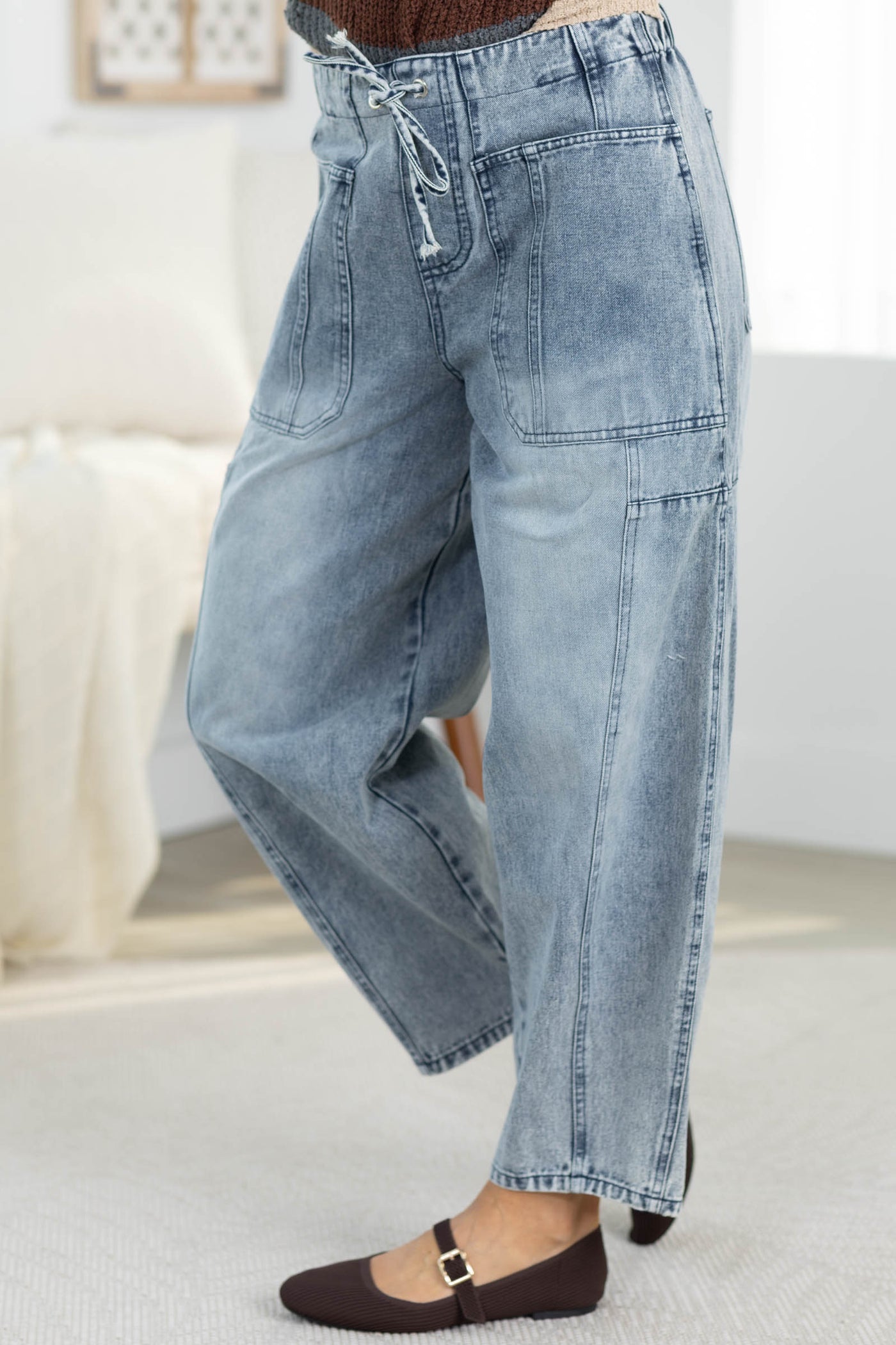 Denim Blue Washed String Barrel Pants