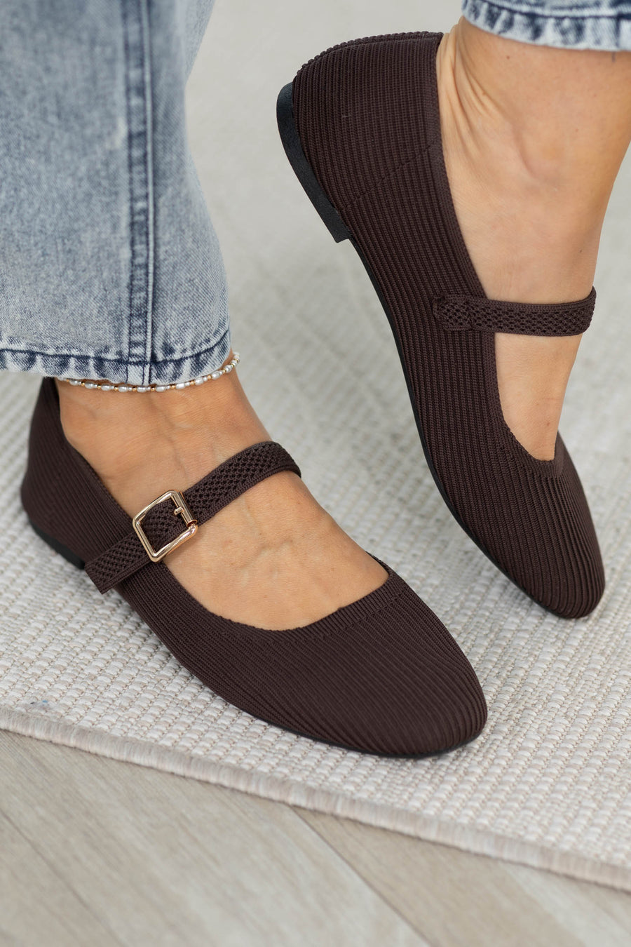 MIA Chocolate Ribbed Mary Jane Flat