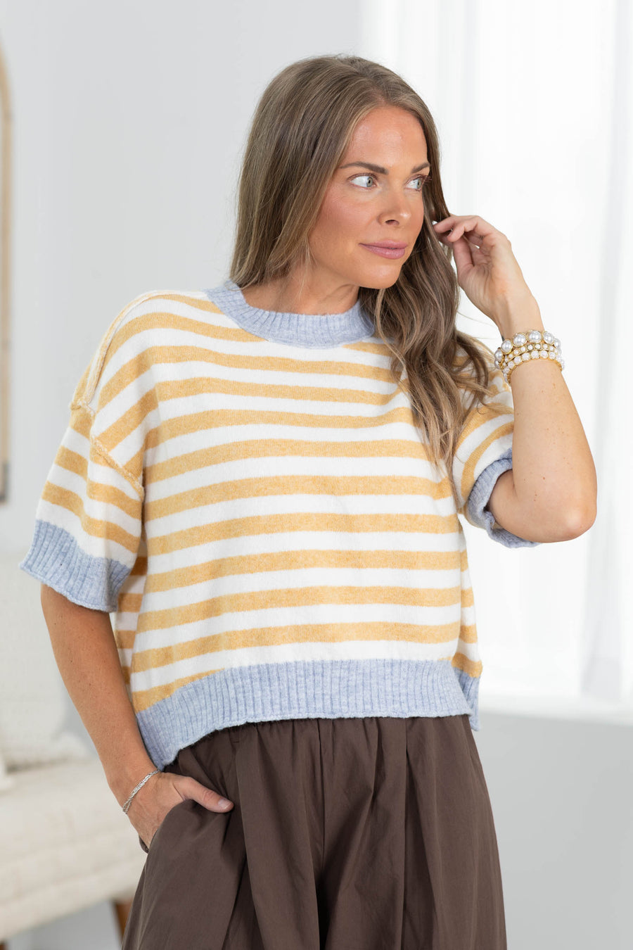 Contrast Rib Stripe Short Sleeve Sweater Top