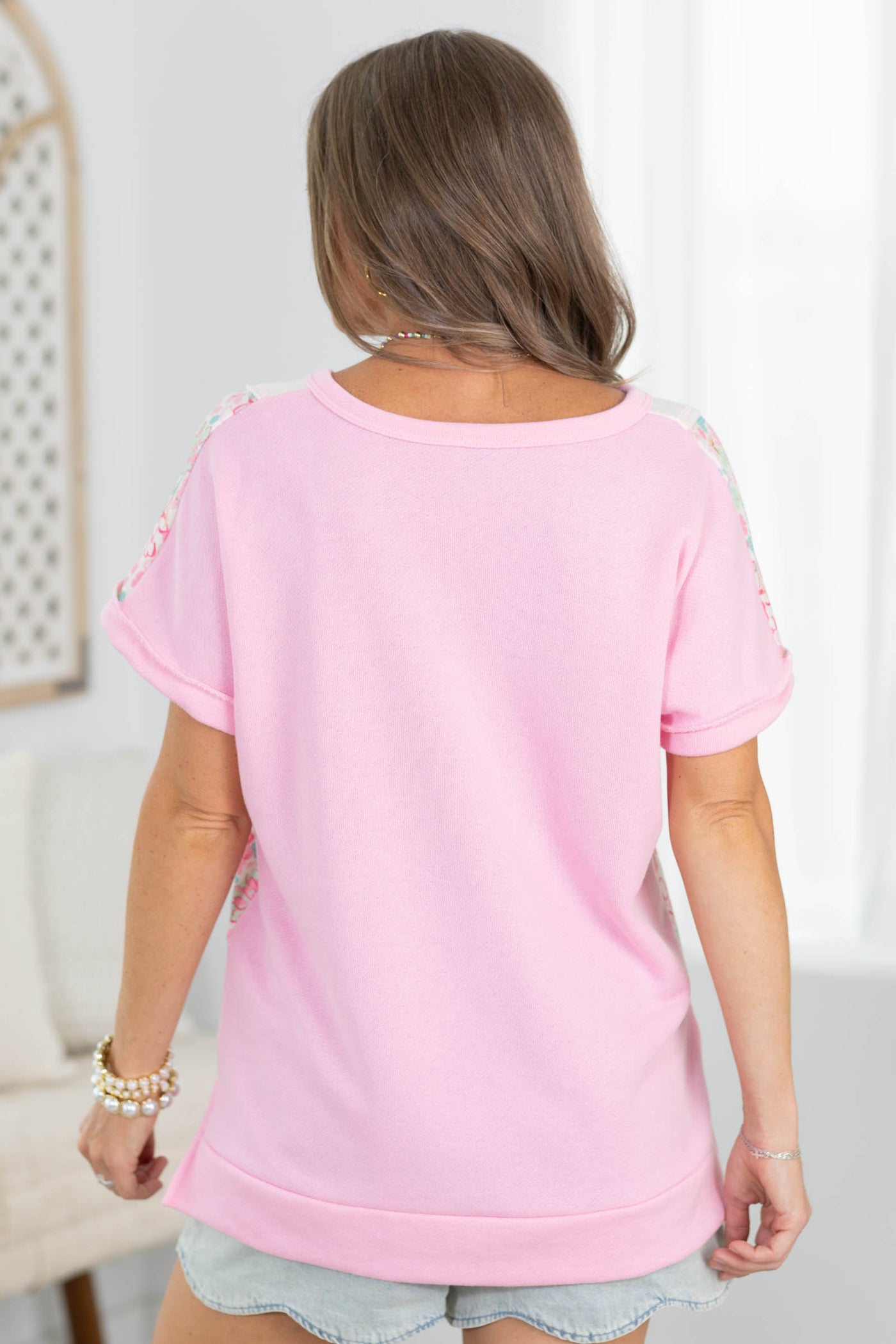 Pink With Floral Colorblock Knit Short Sleeve Top