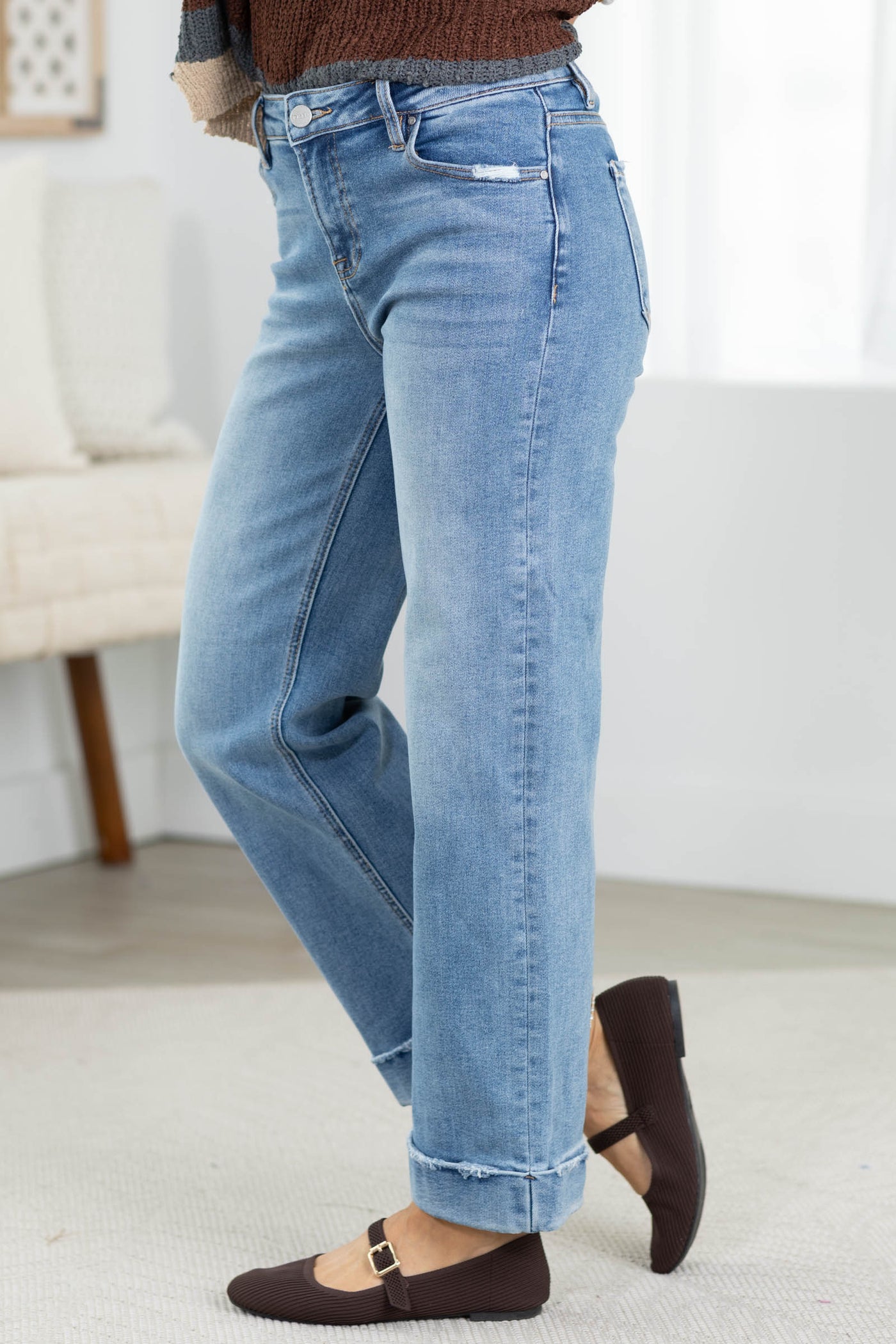 Risen Medium Mid Rise Crop Straight Cuffed Jeans