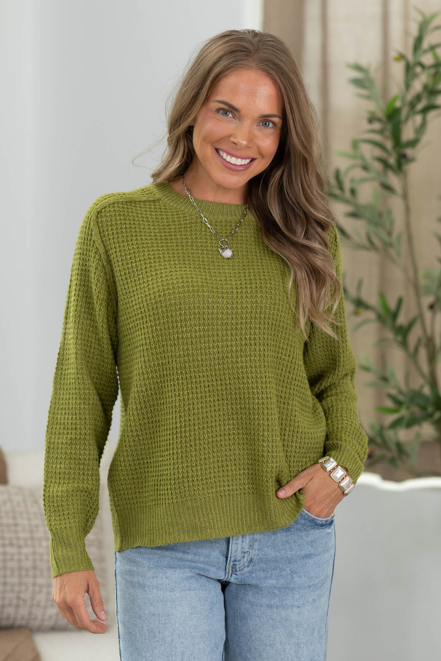 Staccato Waffle Raglan Sleeve Pullover Sweater