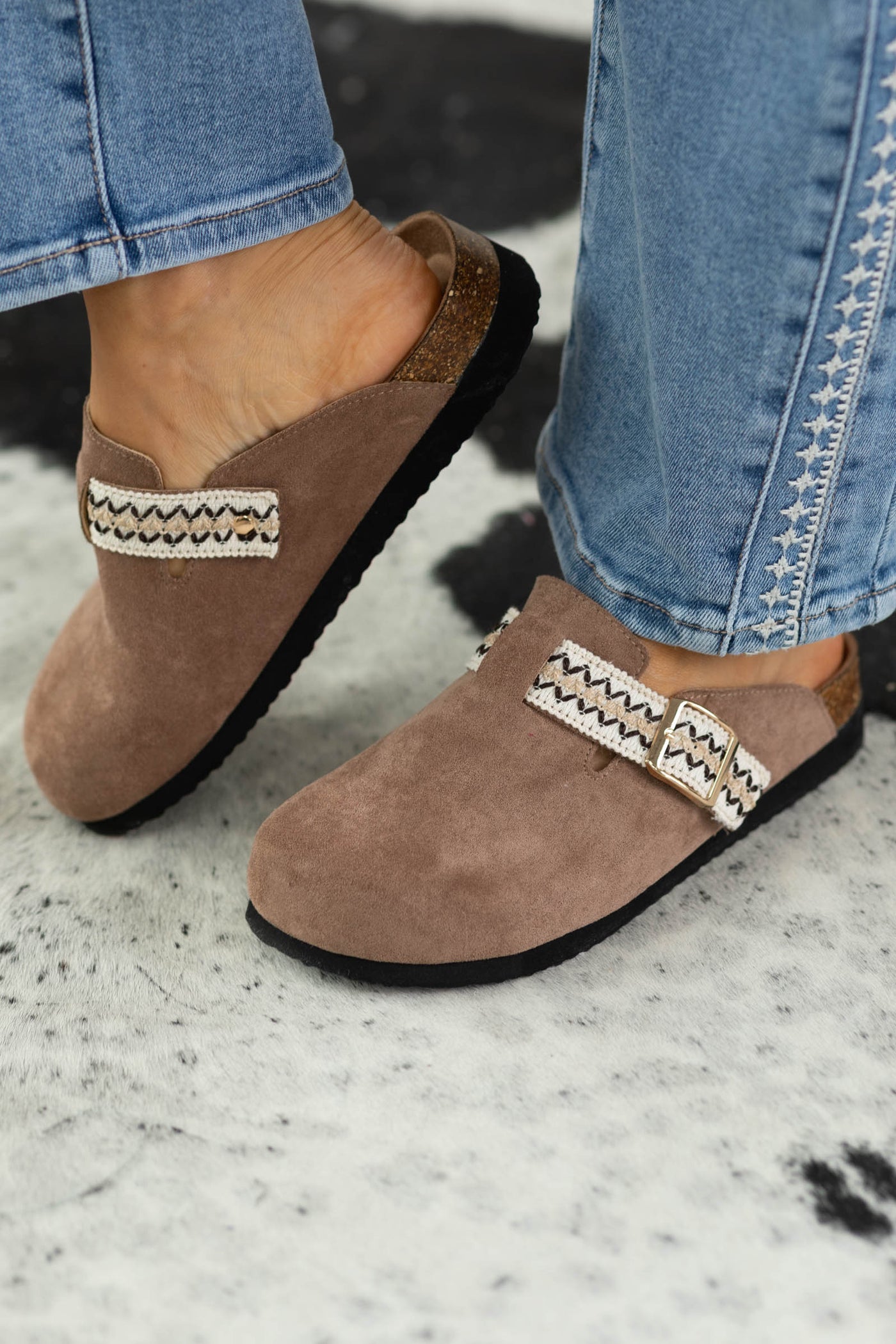 Suede Footbed Clog With Aztec Strap