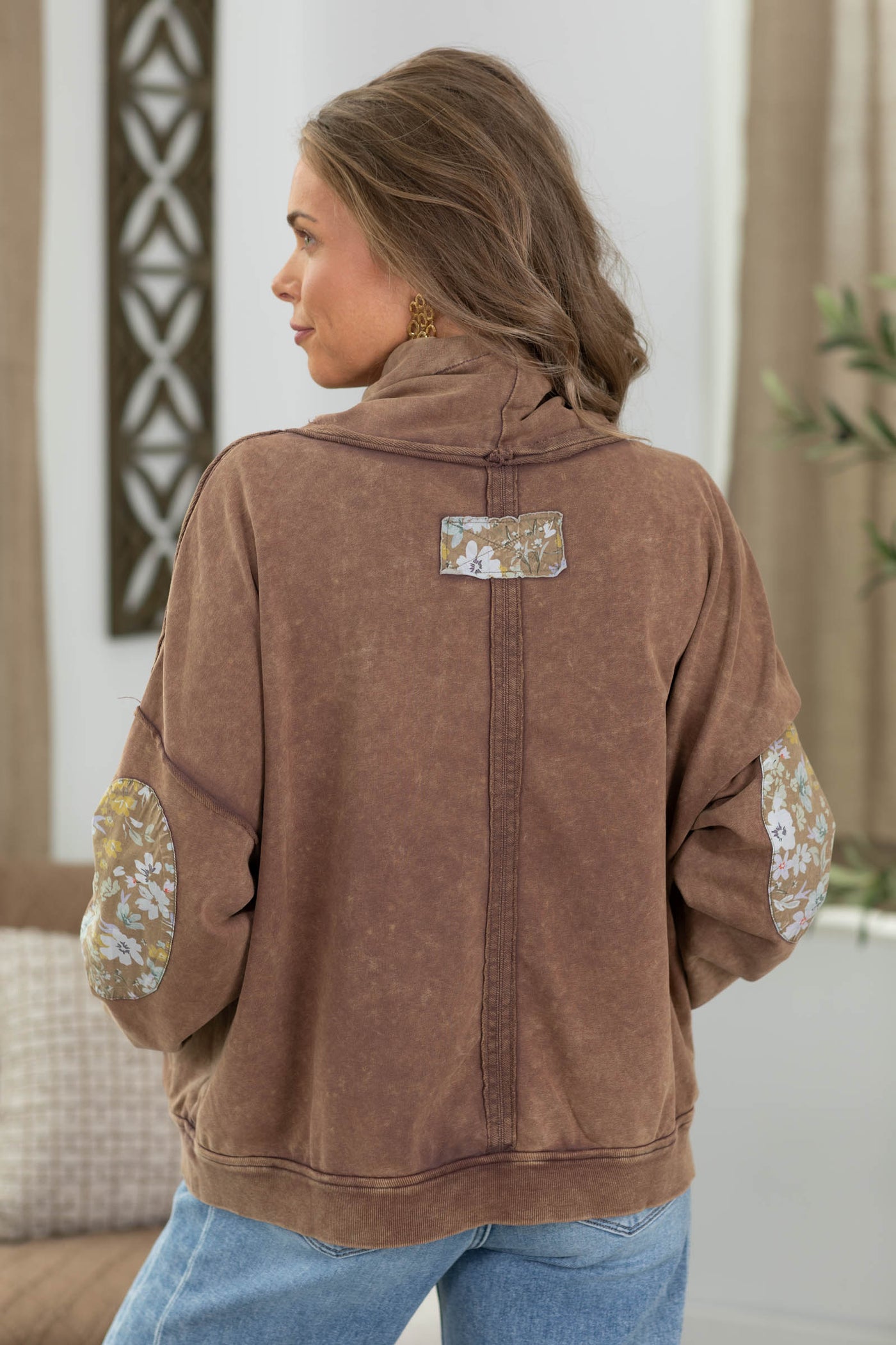 Mocha Mineral Wash Funnel Neck Top With Floral Patches