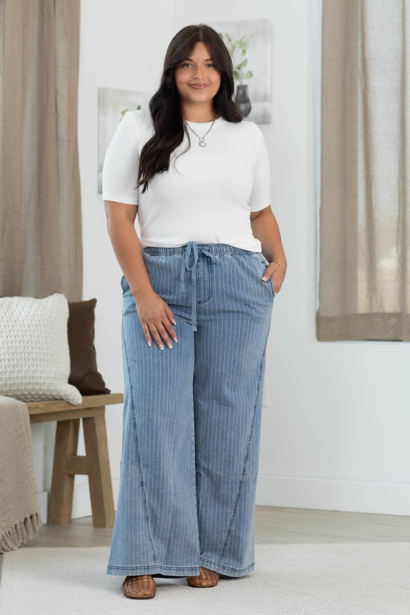 Medium Wash Stripe Denim Drawstring Pants