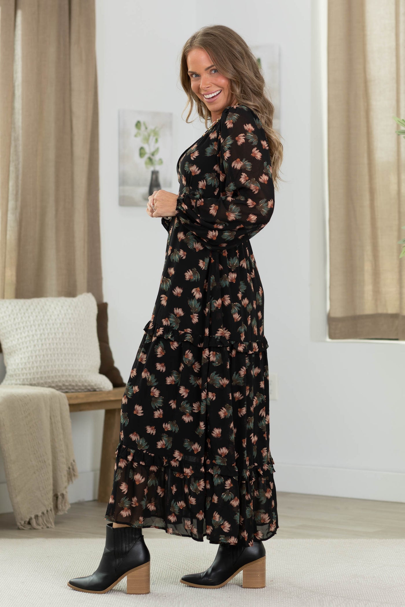 Black Printed V-Neck Maxi Dress