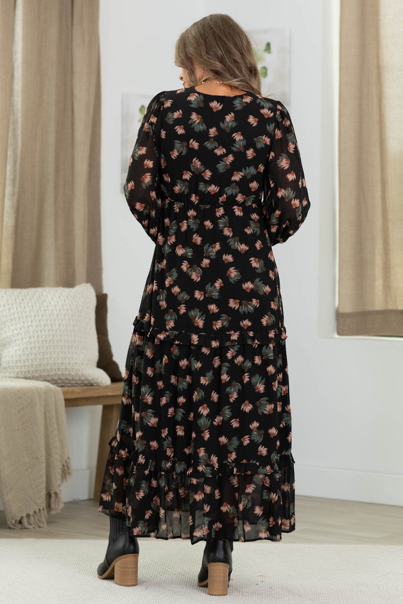 Black Printed V-Neck Maxi Dress