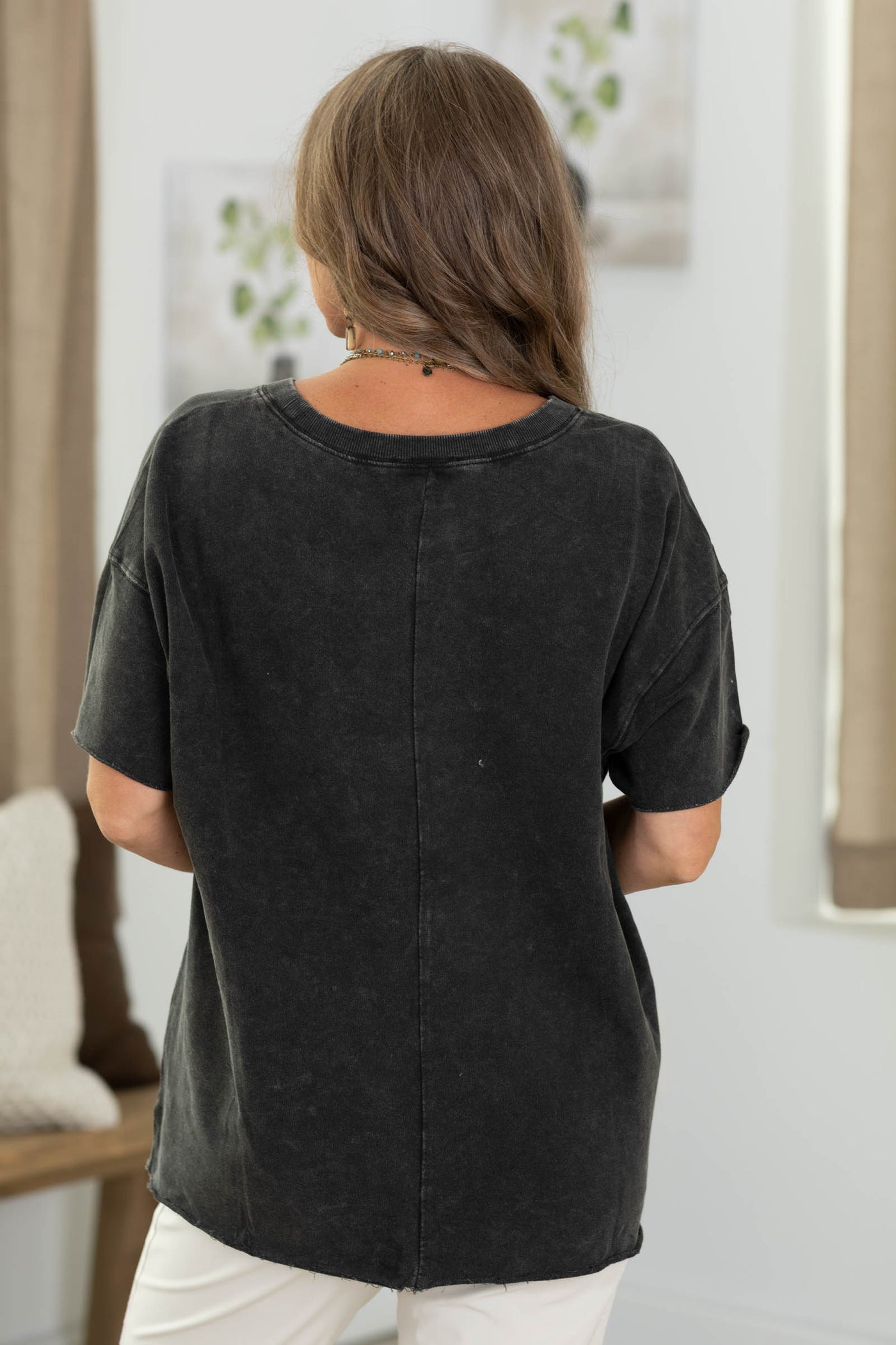 French Terry Washed Drop Shoulder Raw Edge Top