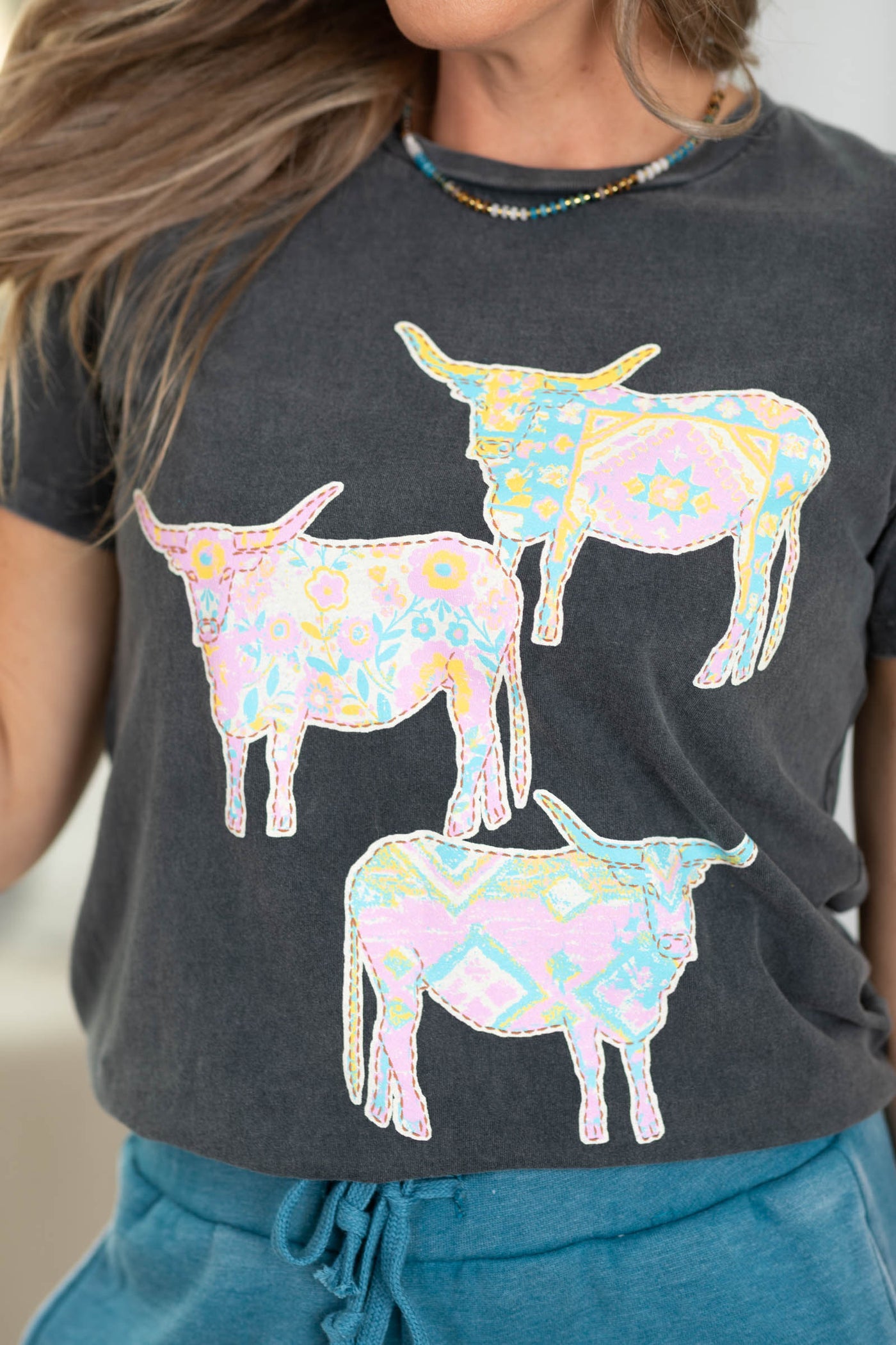 Black Washed Quilted Floral Cow Knit Tee