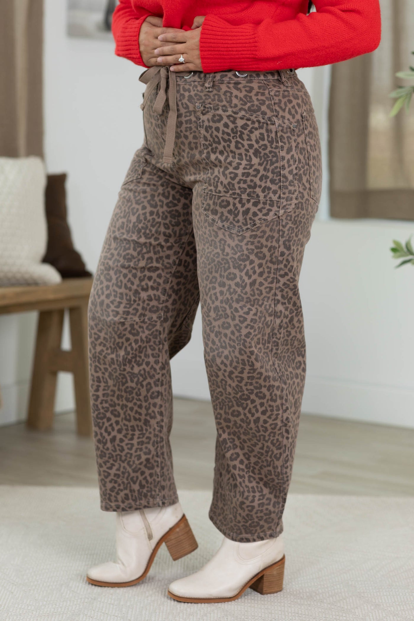 Risen Brown Leopard Barrel Jeans with Tie Waist