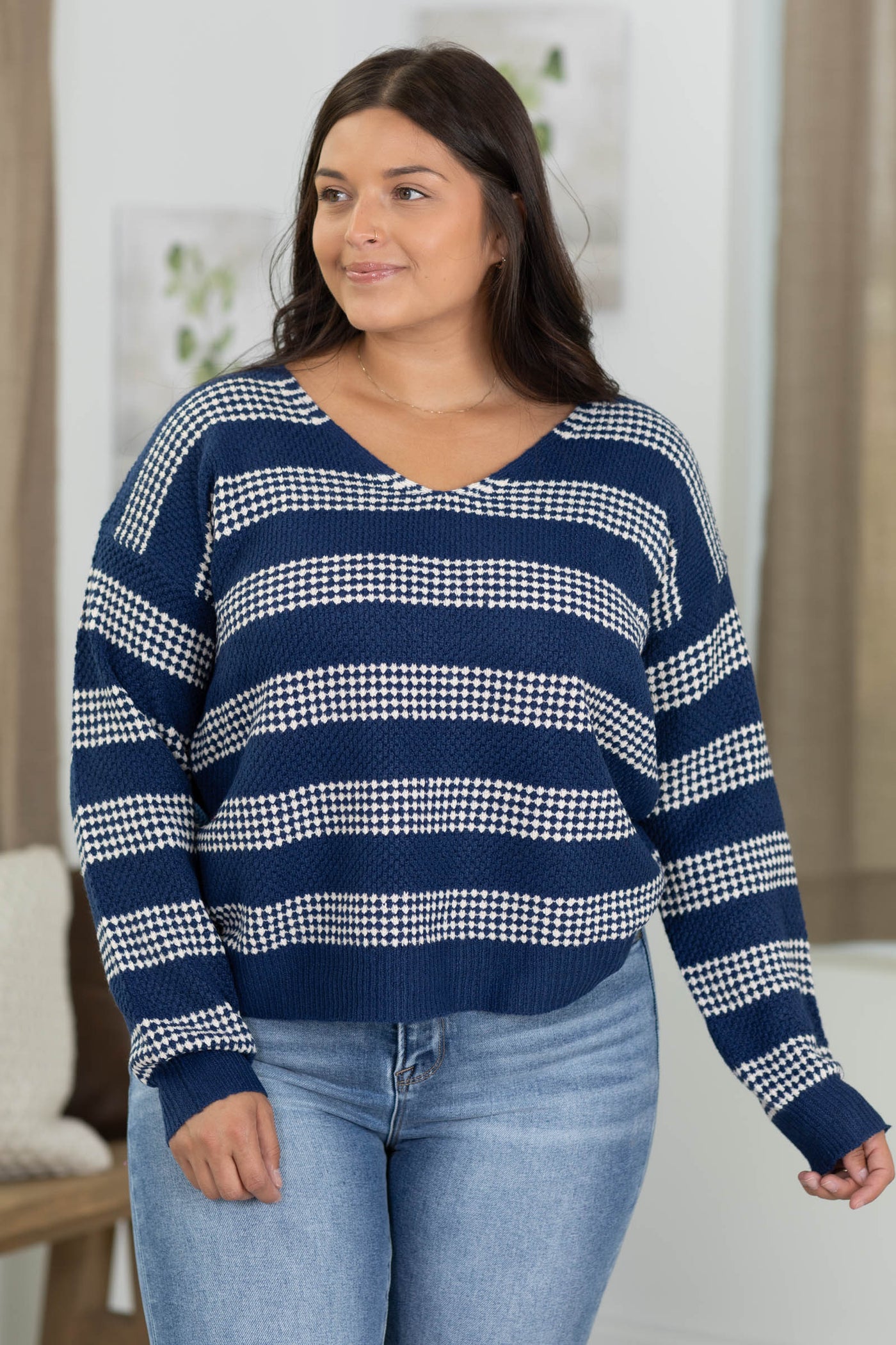 Staccato Textured Stripe V-Neck Pullover Sweater