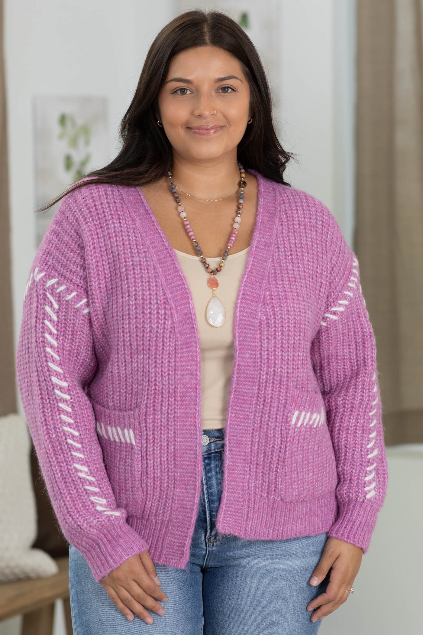 Staccato Stitch Accent Open Front Cardigan