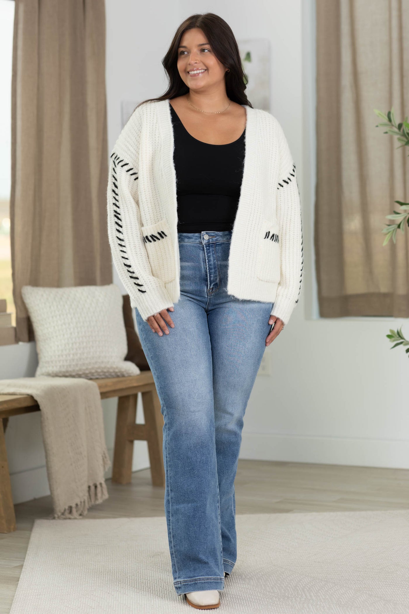 Staccato Stitch Accent Open Front Cardigan