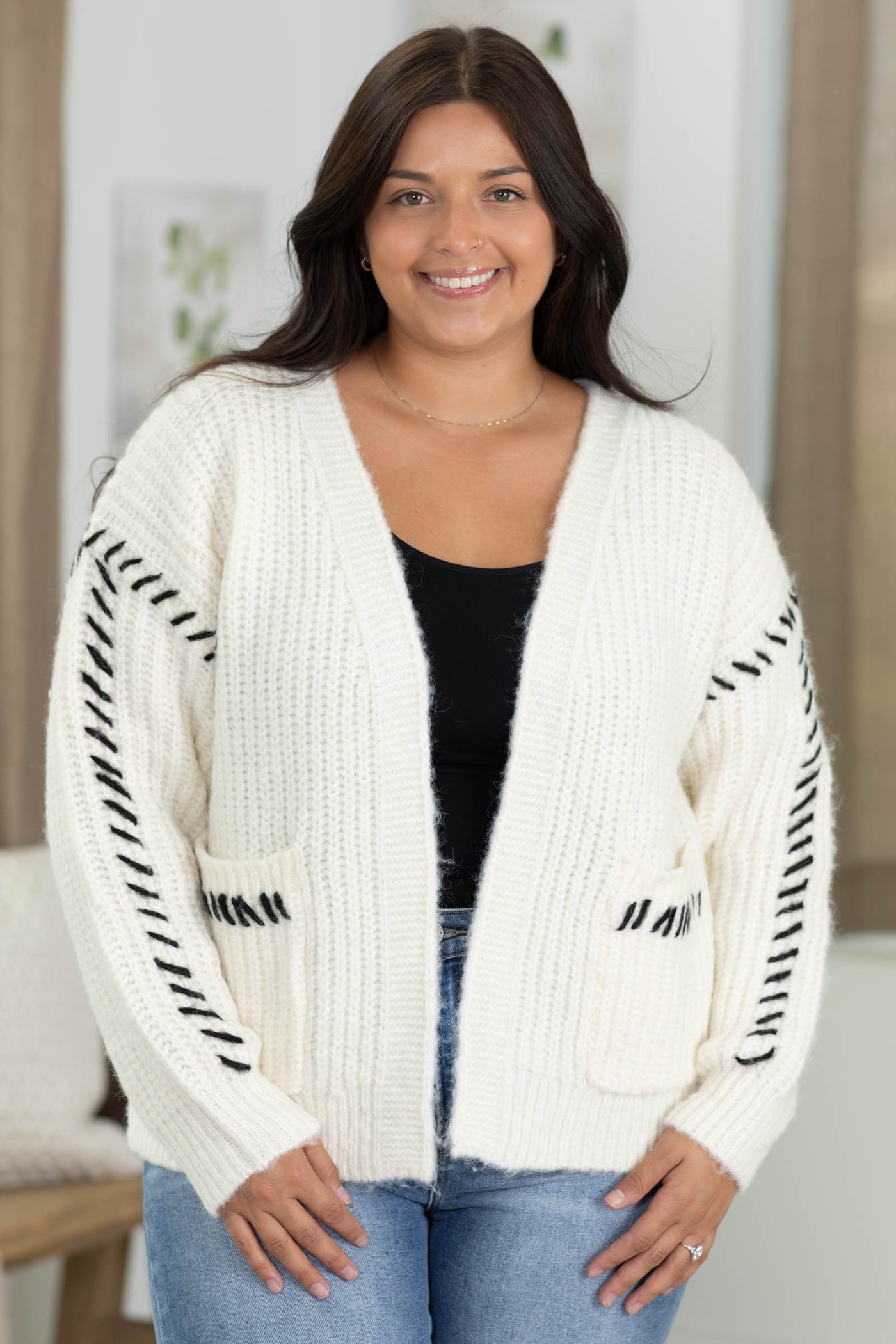 Staccato Stitch Accent Open Front Cardigan