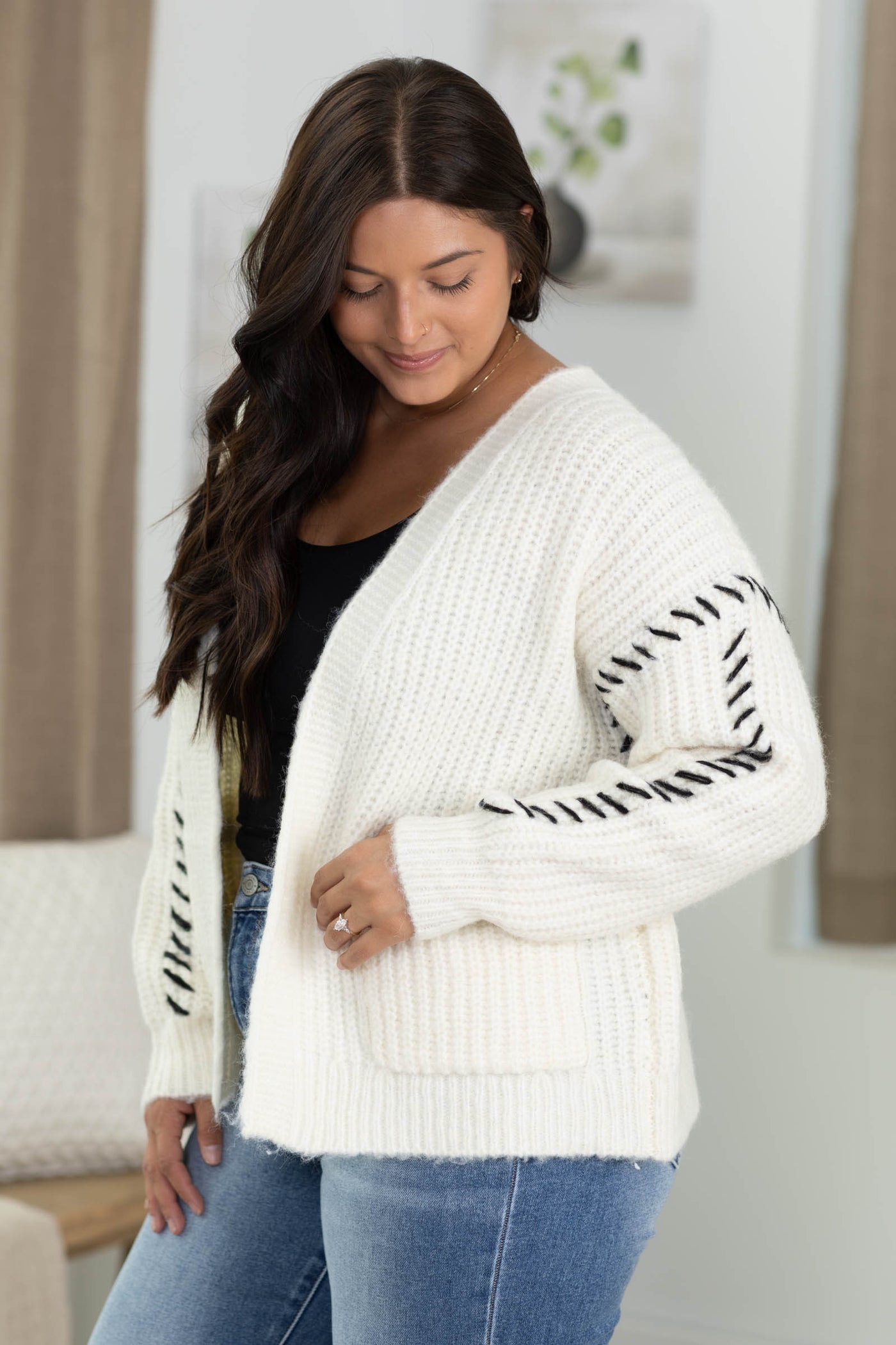 Staccato Stitch Accent Open Front Cardigan