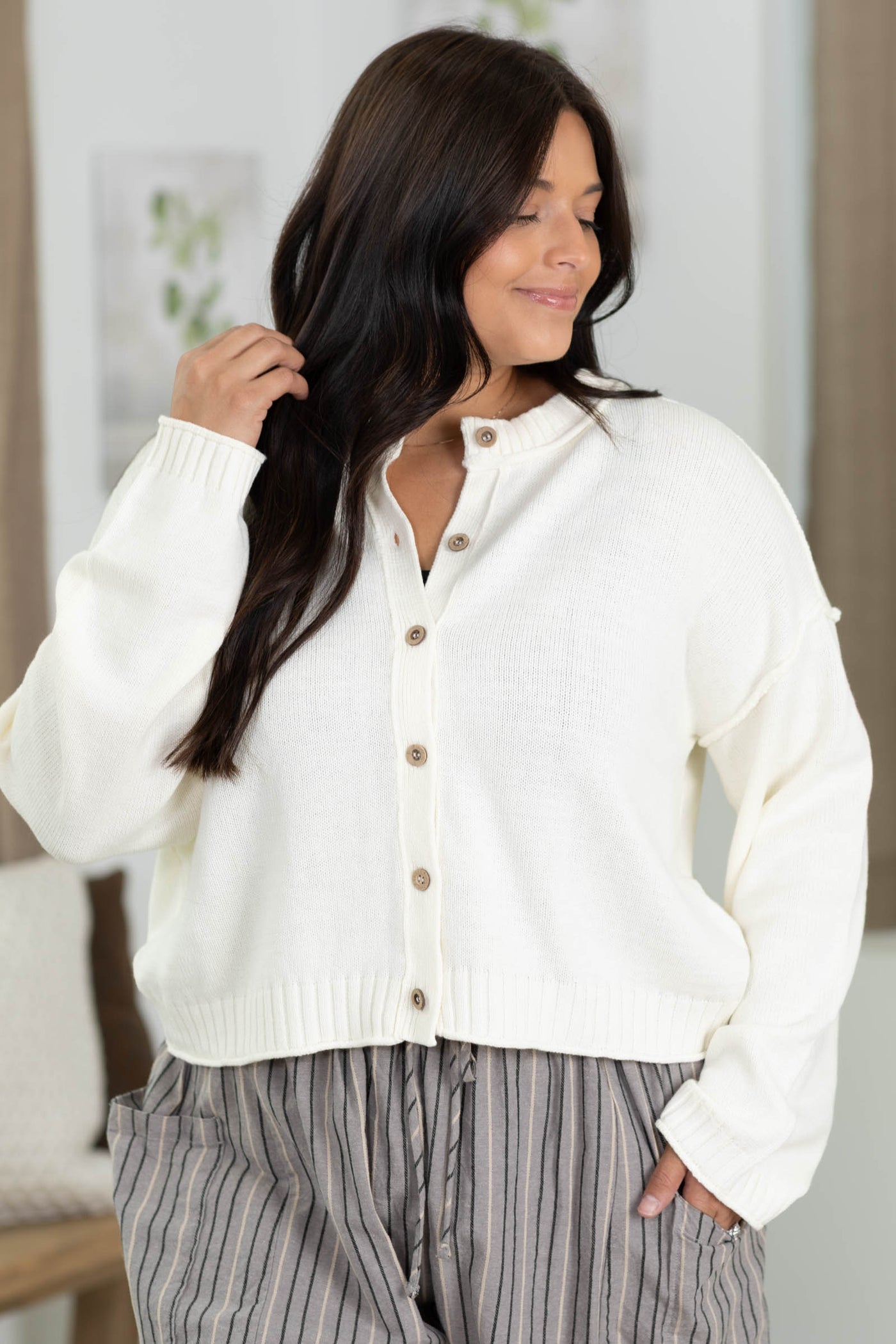 Rolled Trim Cardigan with Exposed Seams