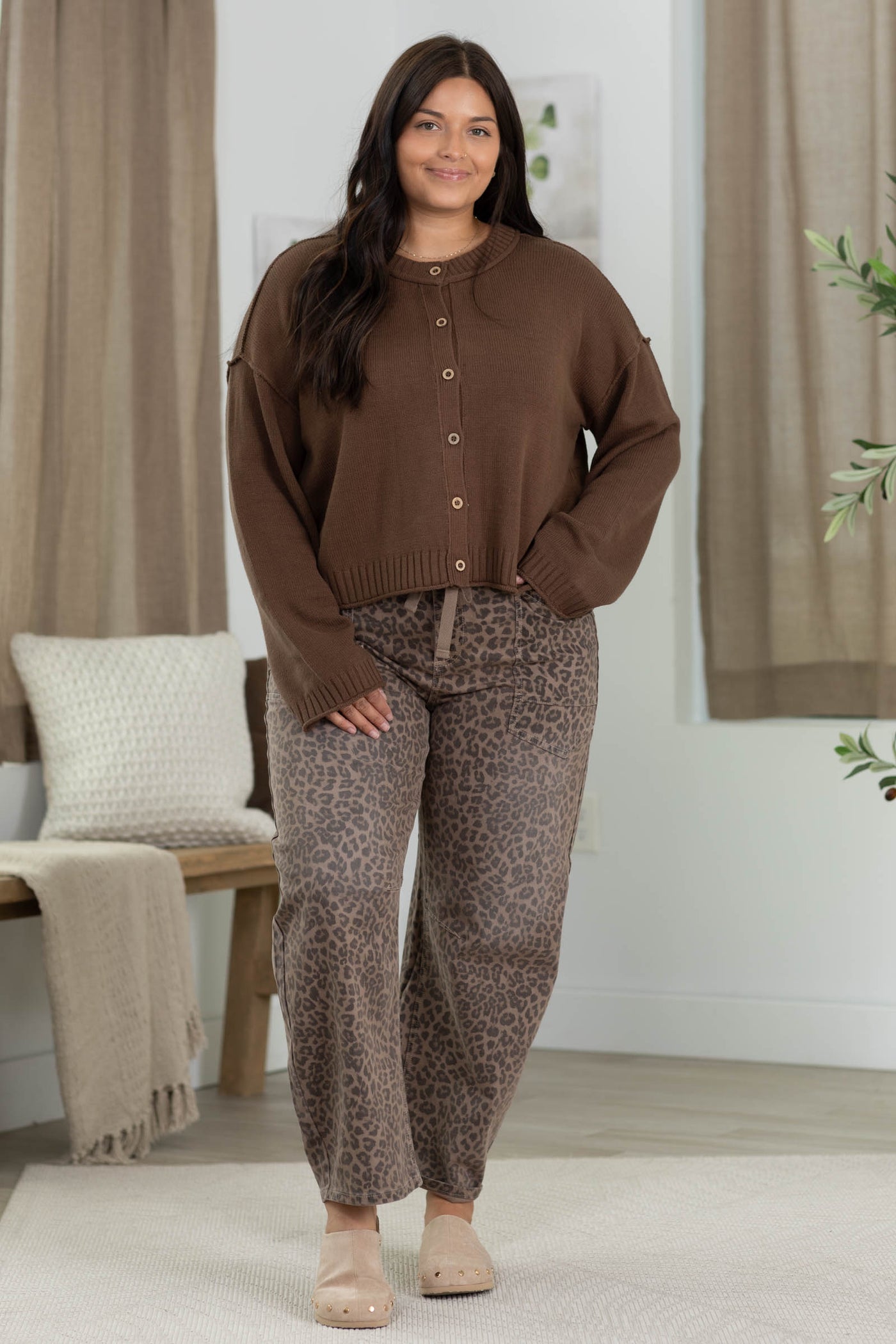 Rolled Trim Cardigan with Exposed Seams