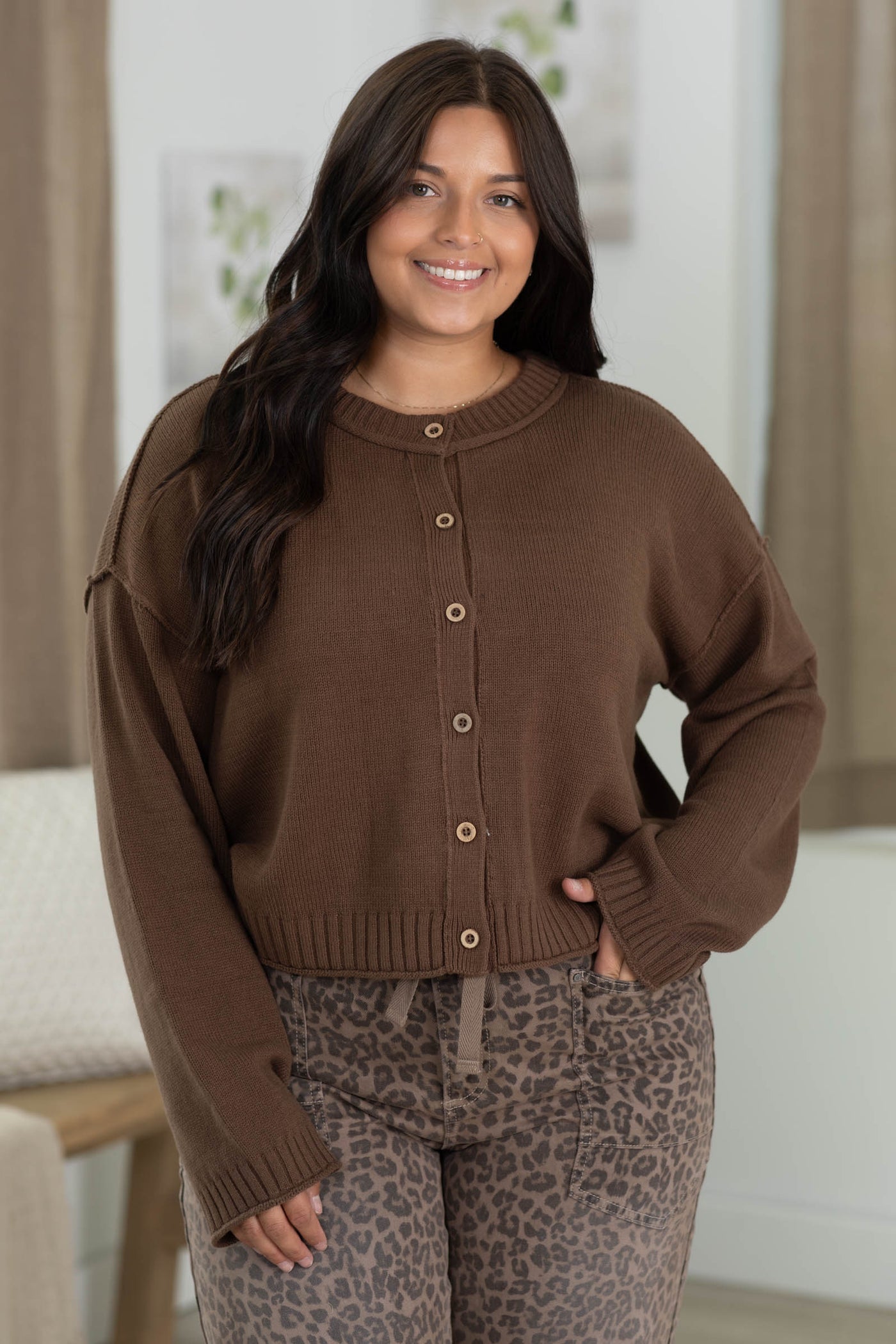 Rolled Trim Cardigan with Exposed Seams